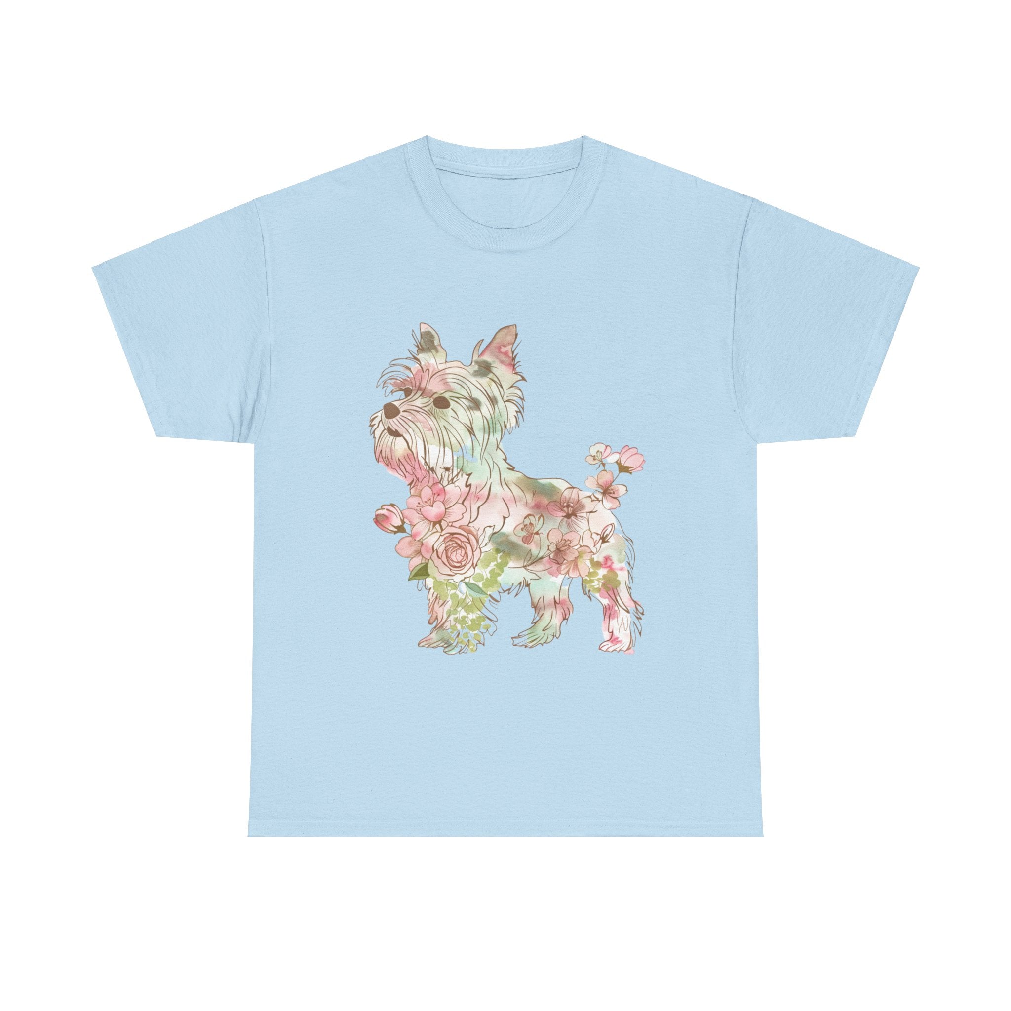 Printify T-Shirt Light Blue / S Floral Yorkshire Terrier Unisex Cotton Tee