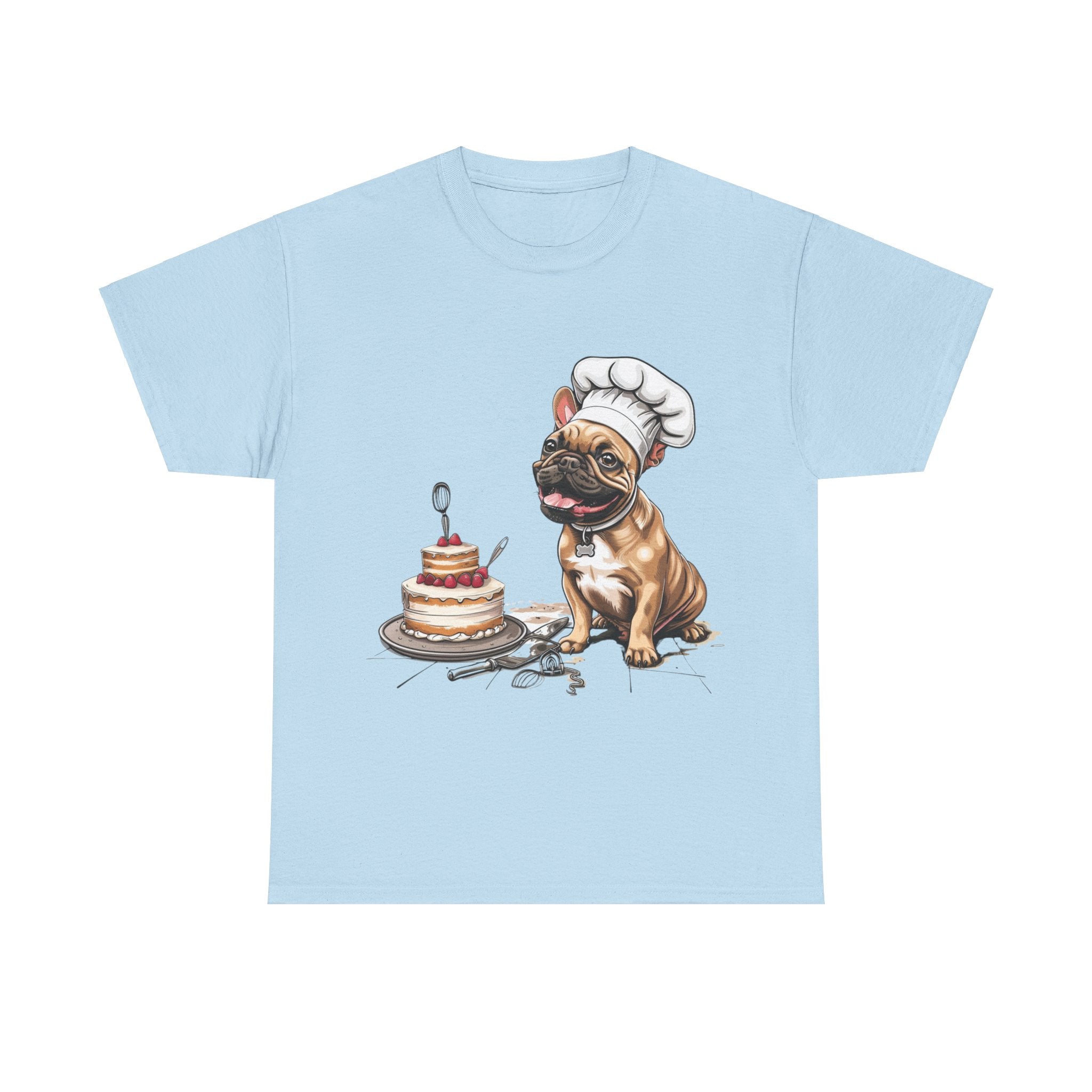 Printify T-Shirt Light Blue / S French Bulldog Chef Design with Cake – Perfect for Dog Lovers and Baking Enthusiasts