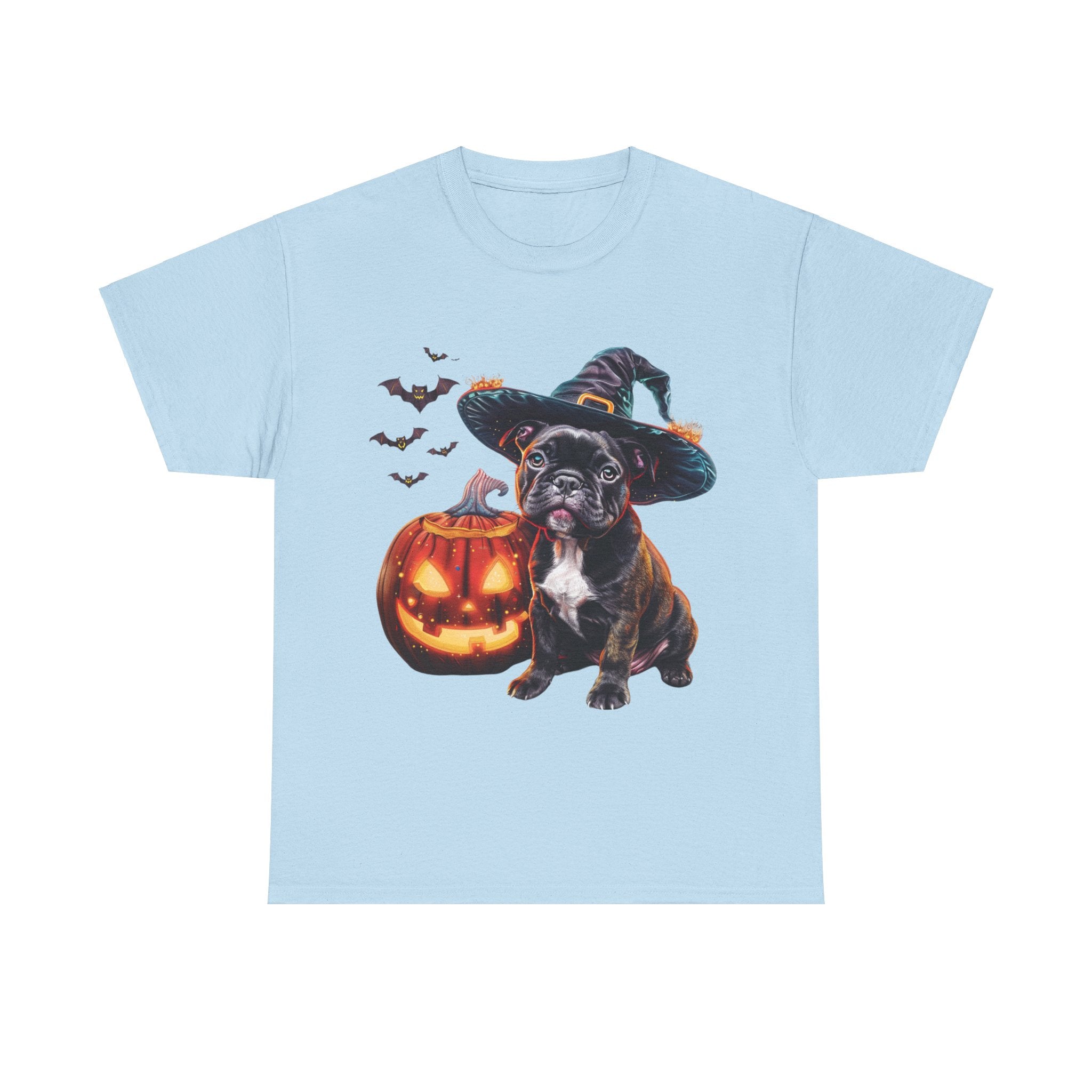 Printify T-Shirt Light Blue / S French Bulldog Halloween Witch Hat and Pumpkin Unisex Cotton Tee