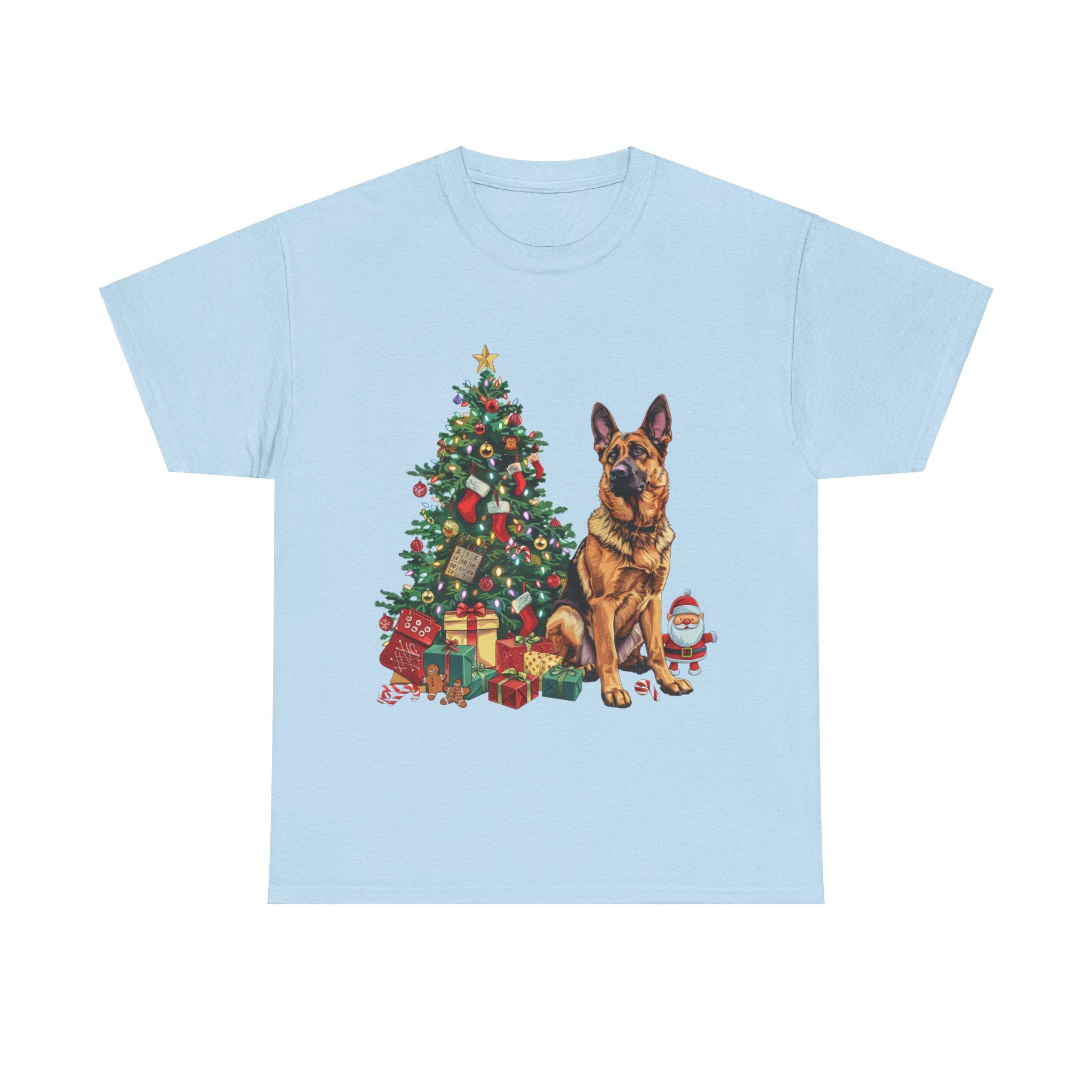 Printify T-Shirt Light Blue / S German Shepherd Christmas Tree with Santa and Gifts – Festive Holiday Dog Art for Christmas