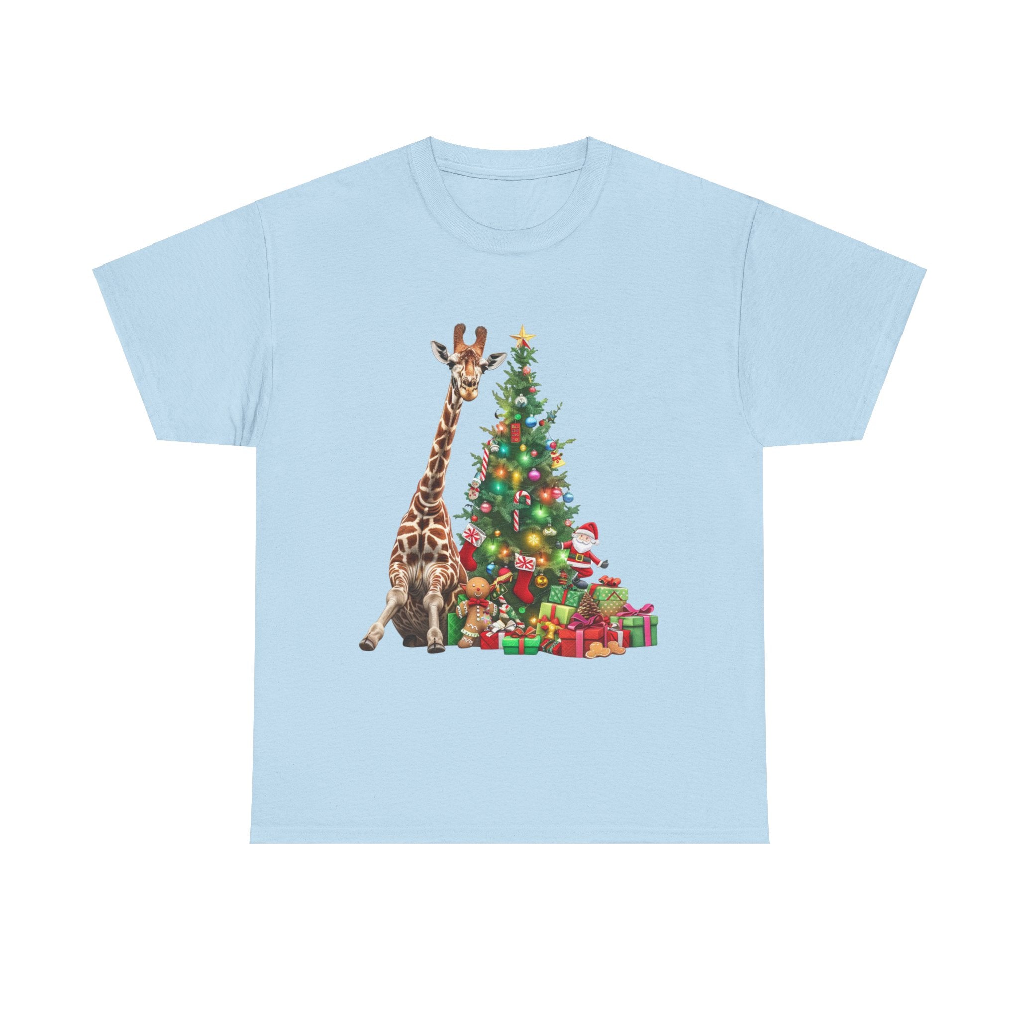 Printify T-Shirt Light Blue / S Giraffe with Christmas Tree and Gifts – Fun Holiday Animal Art