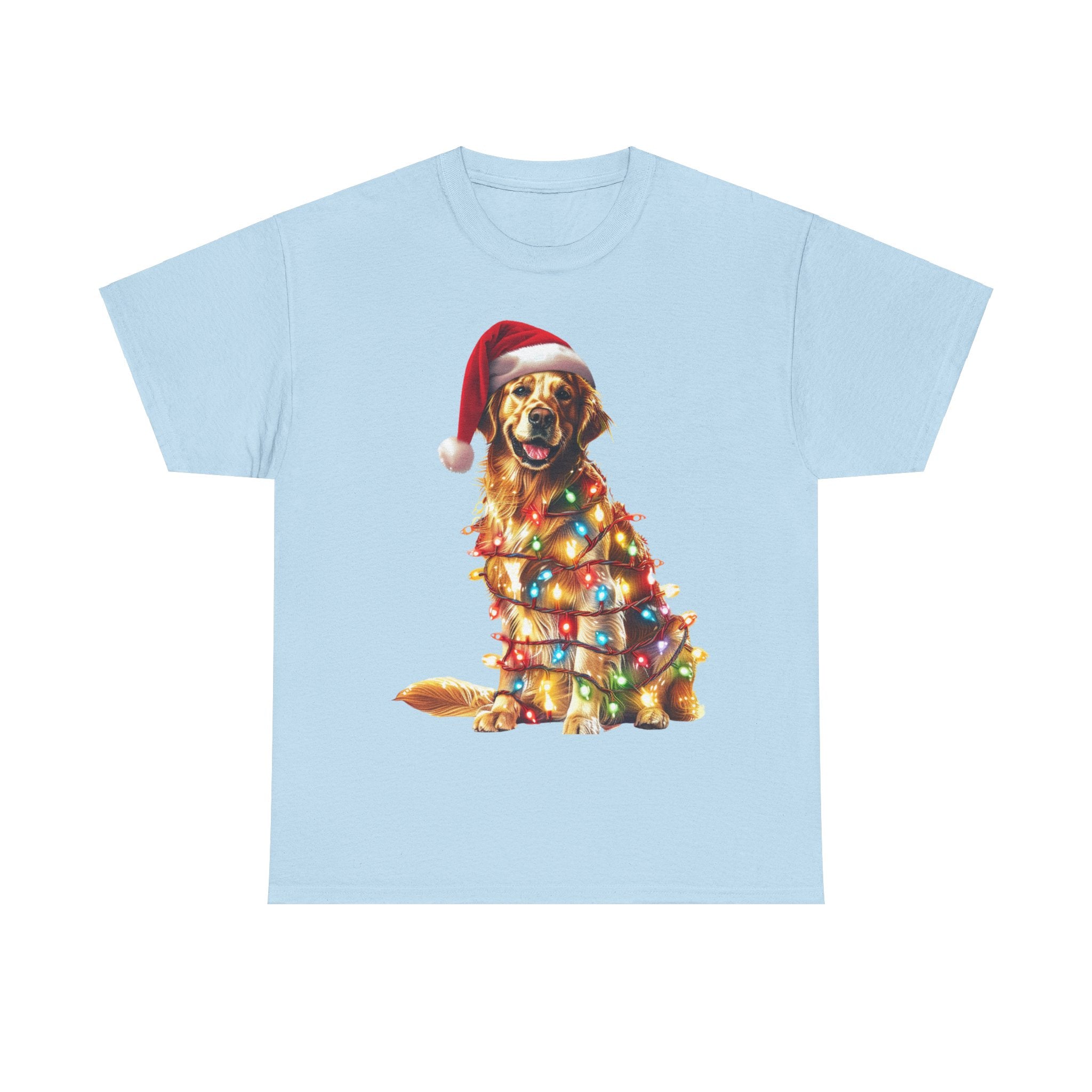 Printify T-Shirt Light Blue / S Golden Retriever Christmas Lights Unisex Heavy Cotton Tee