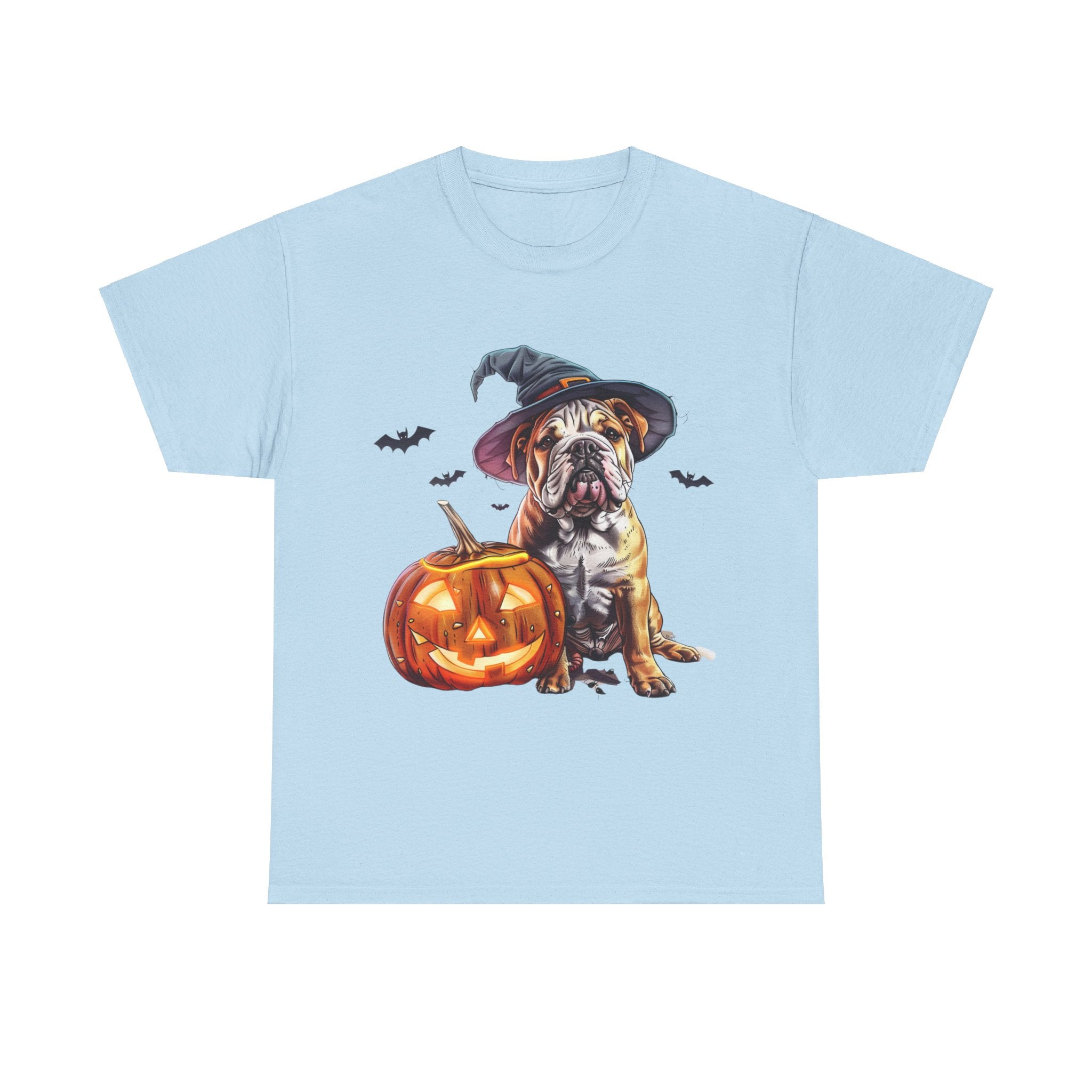 Printify T-Shirt Light Blue / S Halloween Bulldog Witch Hat & Pumpkin Glow Unisex Cotton Tee