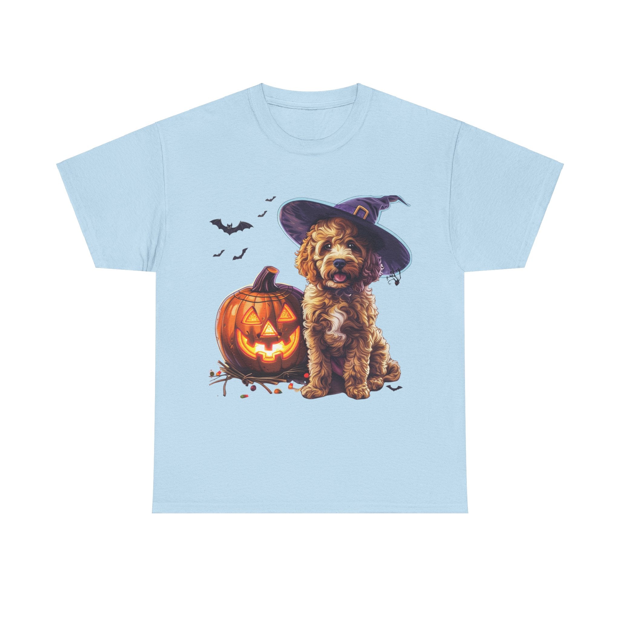 Printify T-Shirt Light Blue / S Halloween Cockapoo Witch Hat & Glowing Pumpkin Unisex Cotton Tee