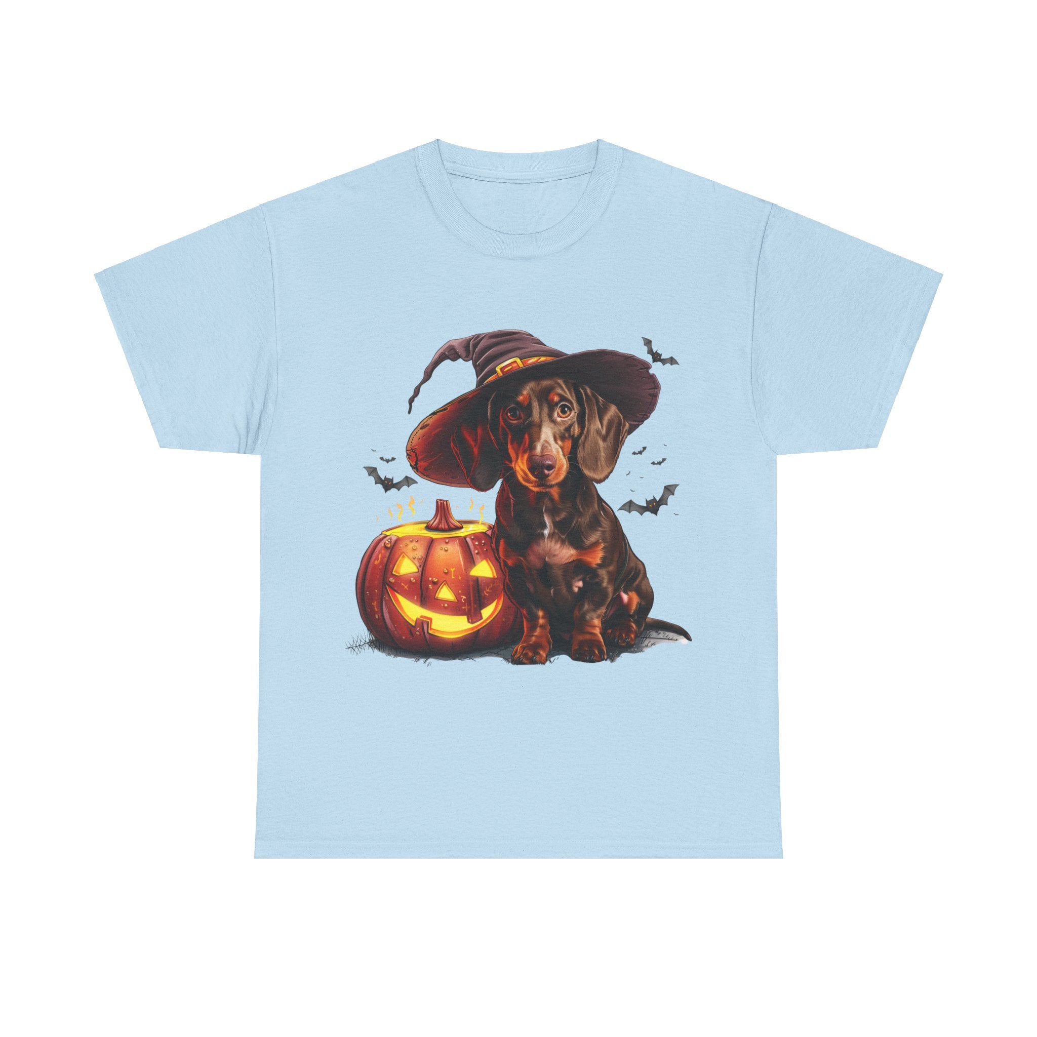 Printify T-Shirt Light Blue / S Halloween Dachshund in Witch Hat Tee – Unisex Cotton Shirt