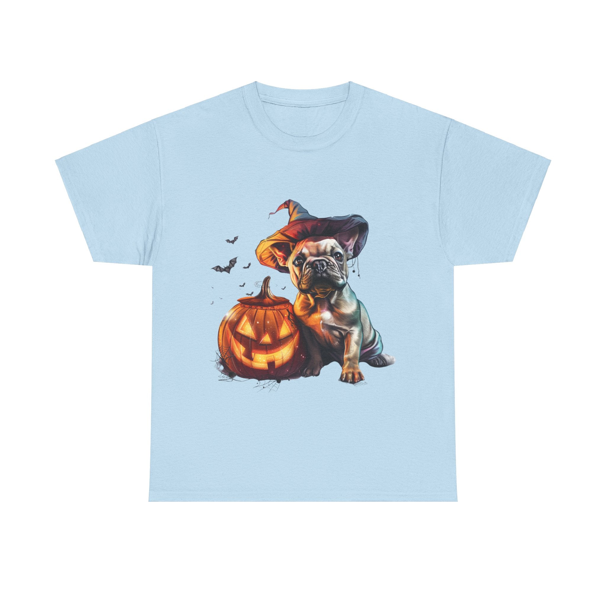 Printify T-Shirt Light Blue / S Halloween French Bulldog with Pumpkin and Witch Hat Unisex Cotton Tee