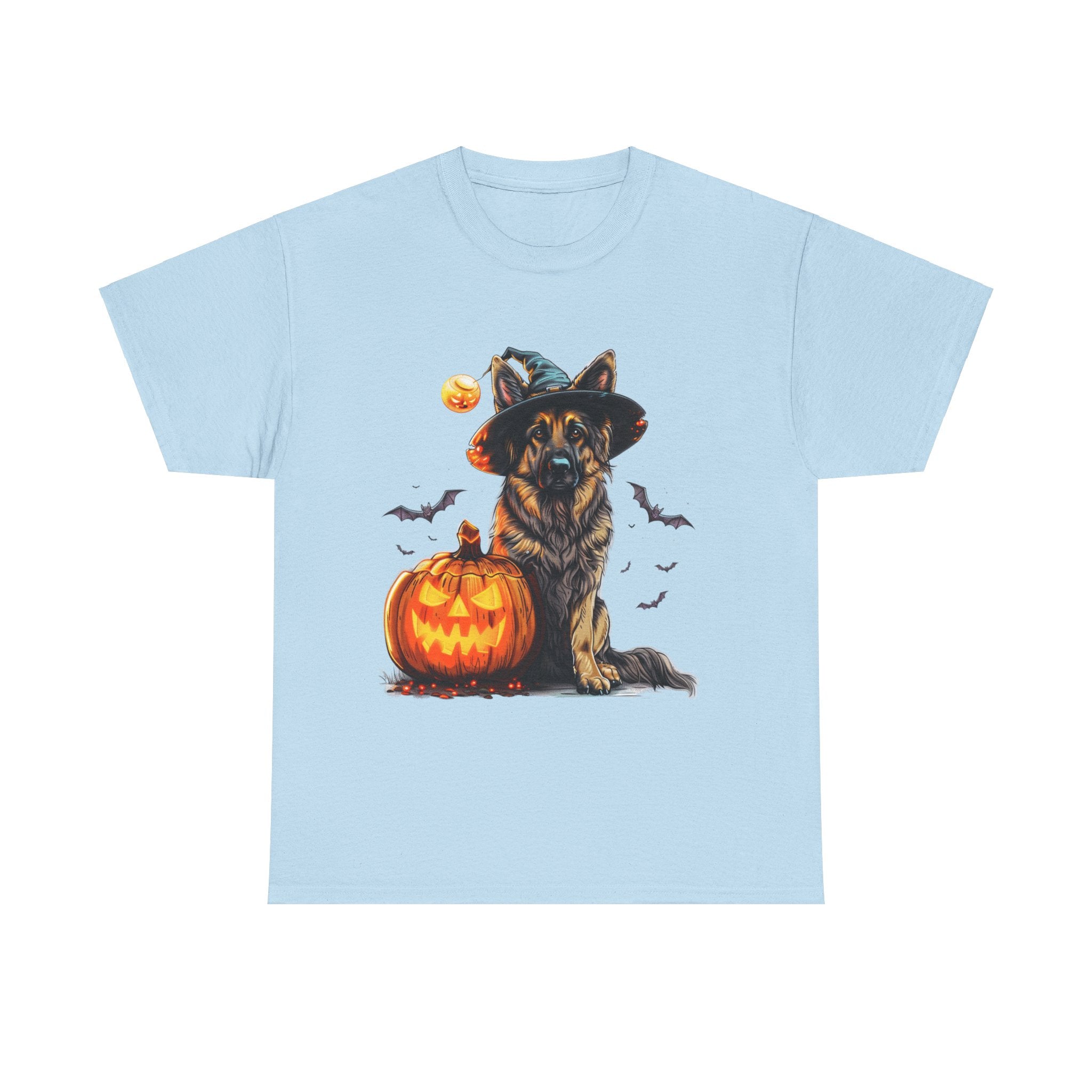 Printify T-Shirt Light Blue / S Halloween German Shepherd with Witch Hat and Pumpkin Unisex Cotton Tee