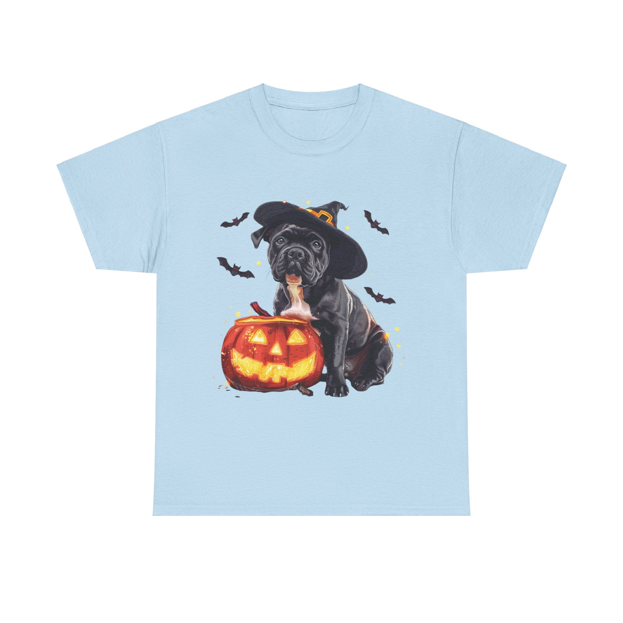 Printify T-Shirt Light Blue / S Halloween Staffordshire Bull Terrier in Witch Hat Tee – Unisex Cotton Shirt