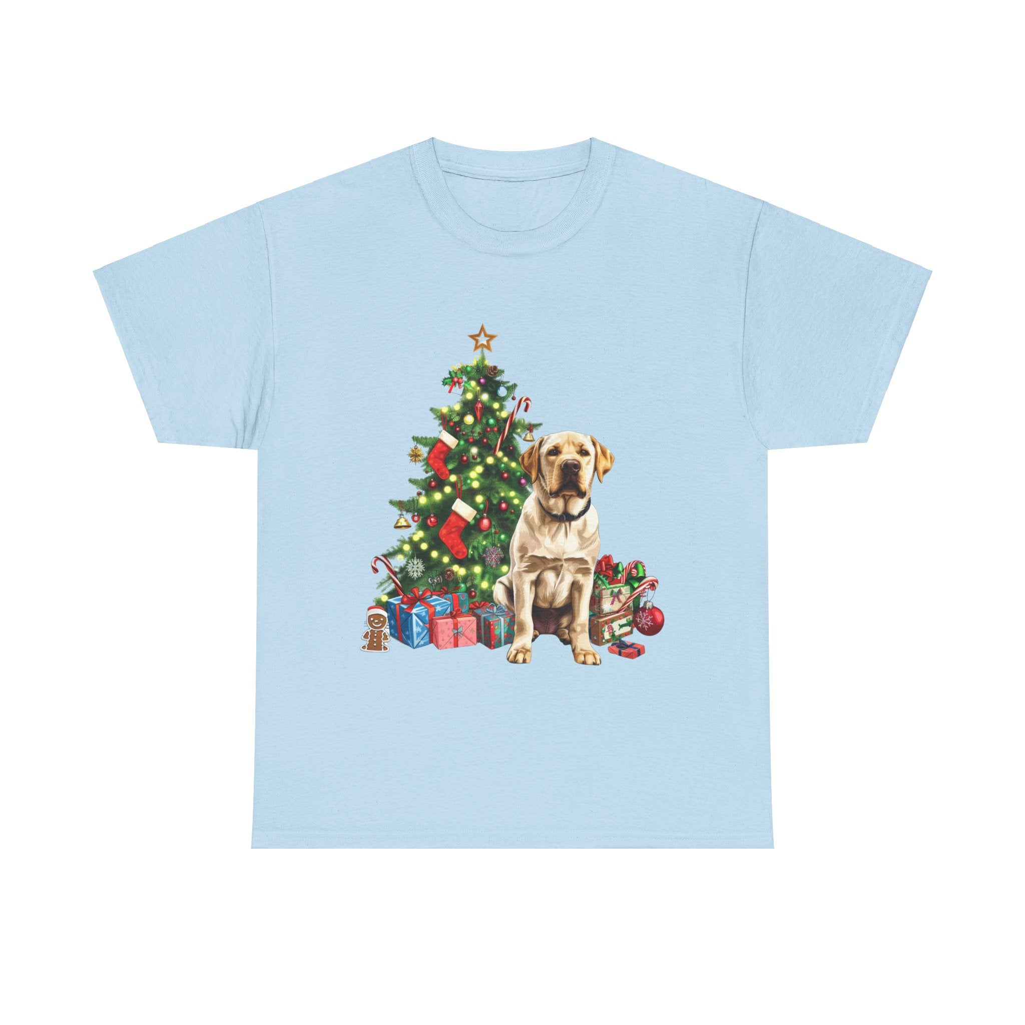 Printify T-Shirt Light Blue / S Labrador with Christmas Tree and Presents – Festive Holiday Dog Art