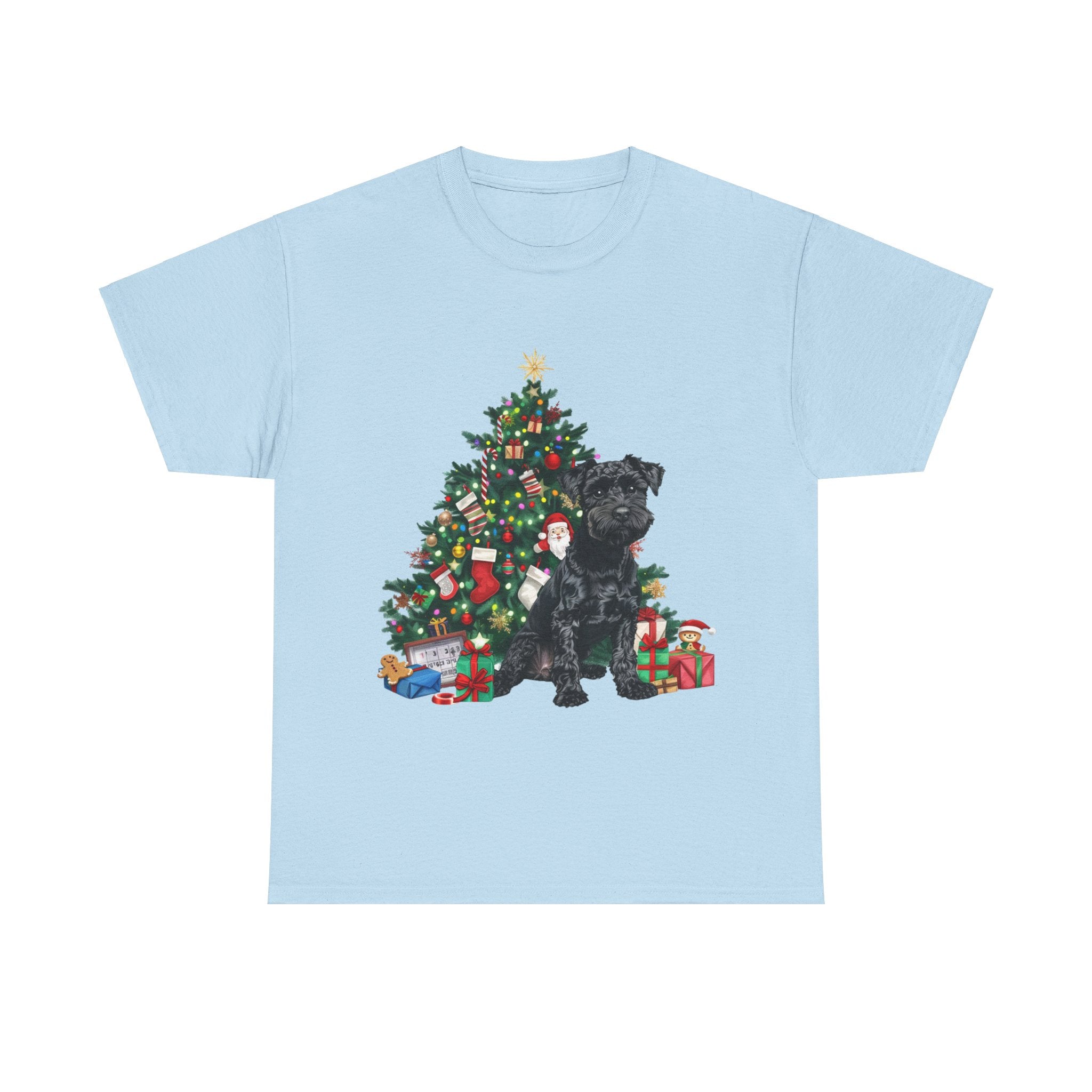 Printify T-Shirt Light Blue / S Miniature Schnauzer with Christmas Tree and Gifts – Festive Holiday Dog Art