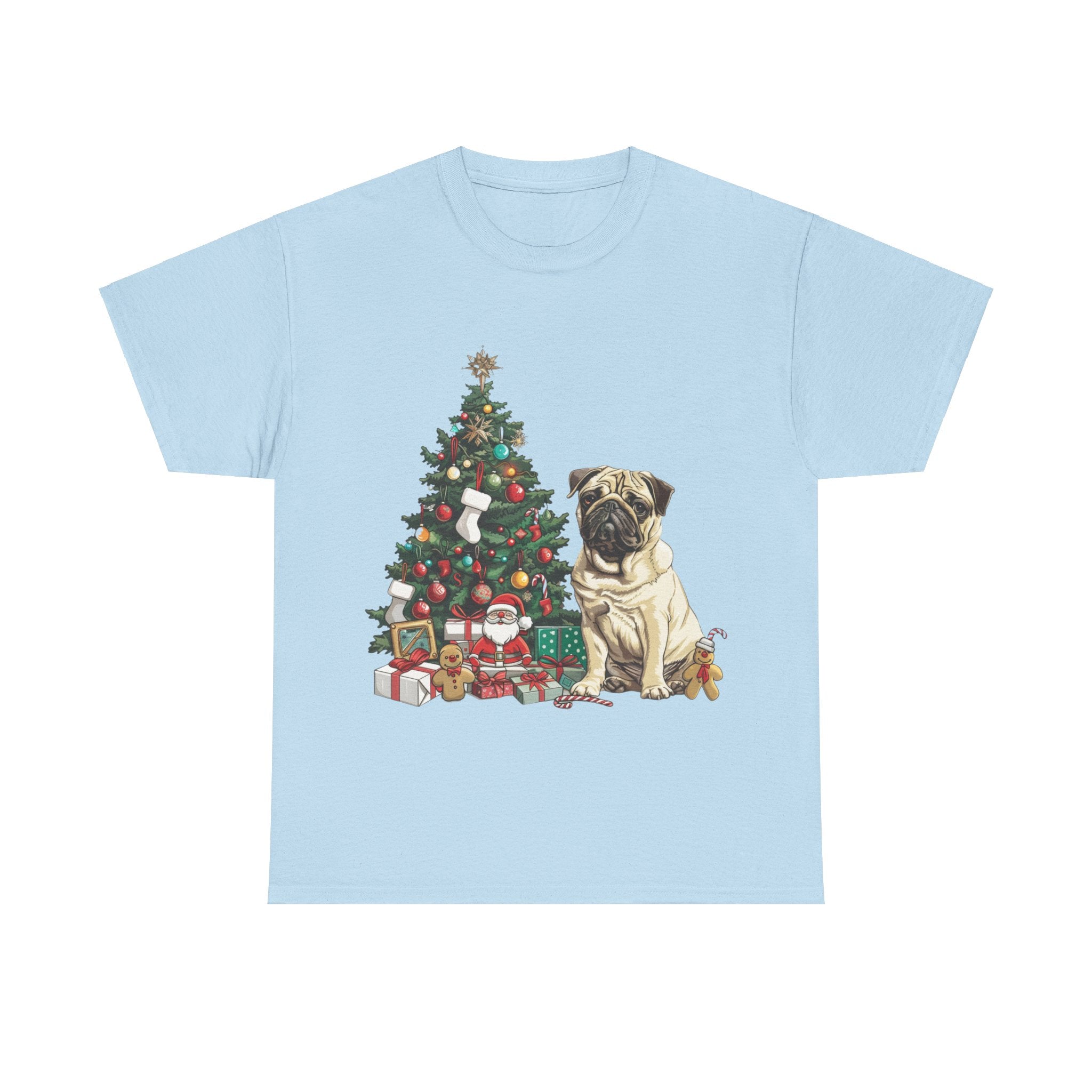 Printify T-Shirt Light Blue / S Pug with Christmas Tree and Gifts – Festive Holiday Dog Art