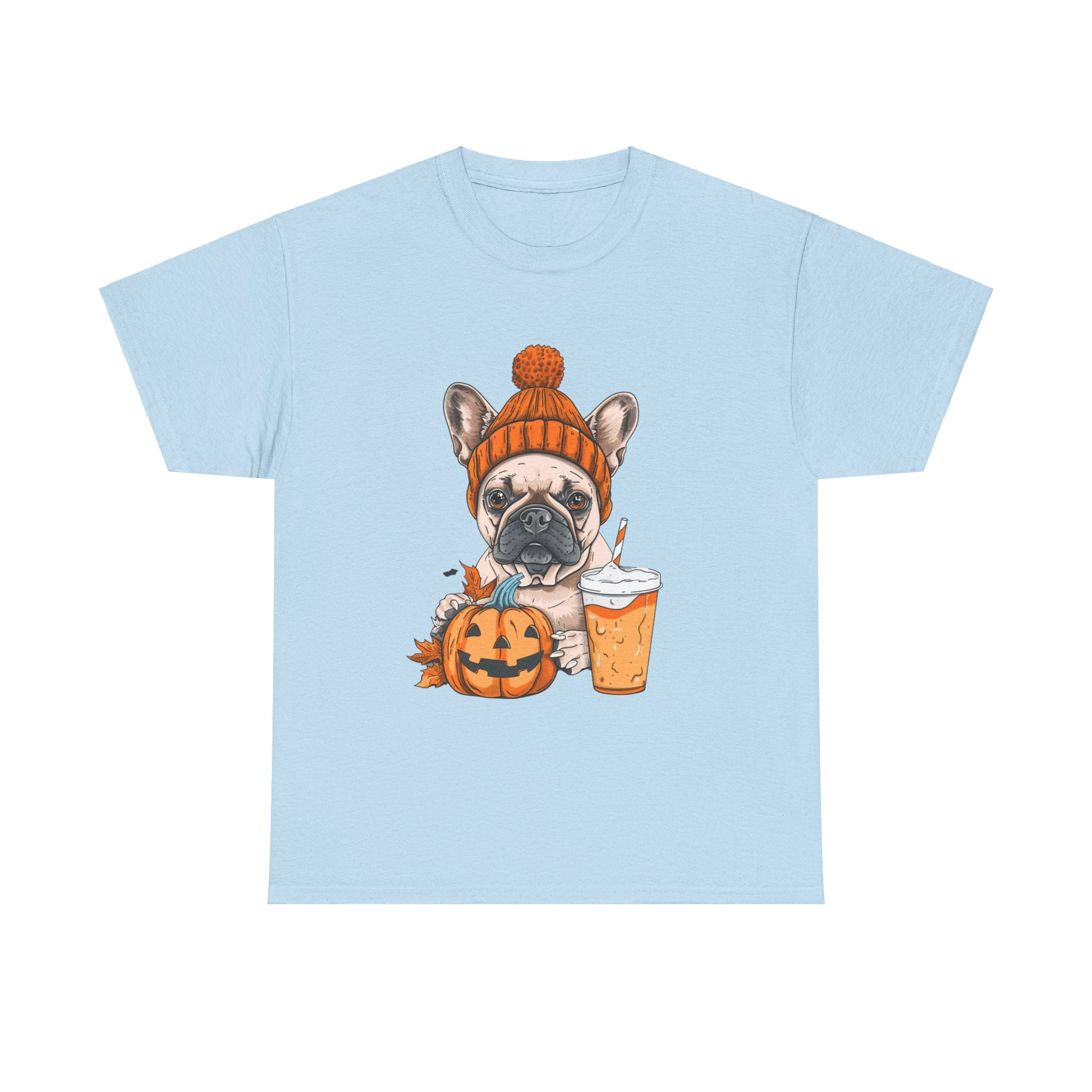 Printify T-Shirt Light Blue / S Pumpkin Spice Pooch French Bulldog Unisex Heavy Cotton Tee