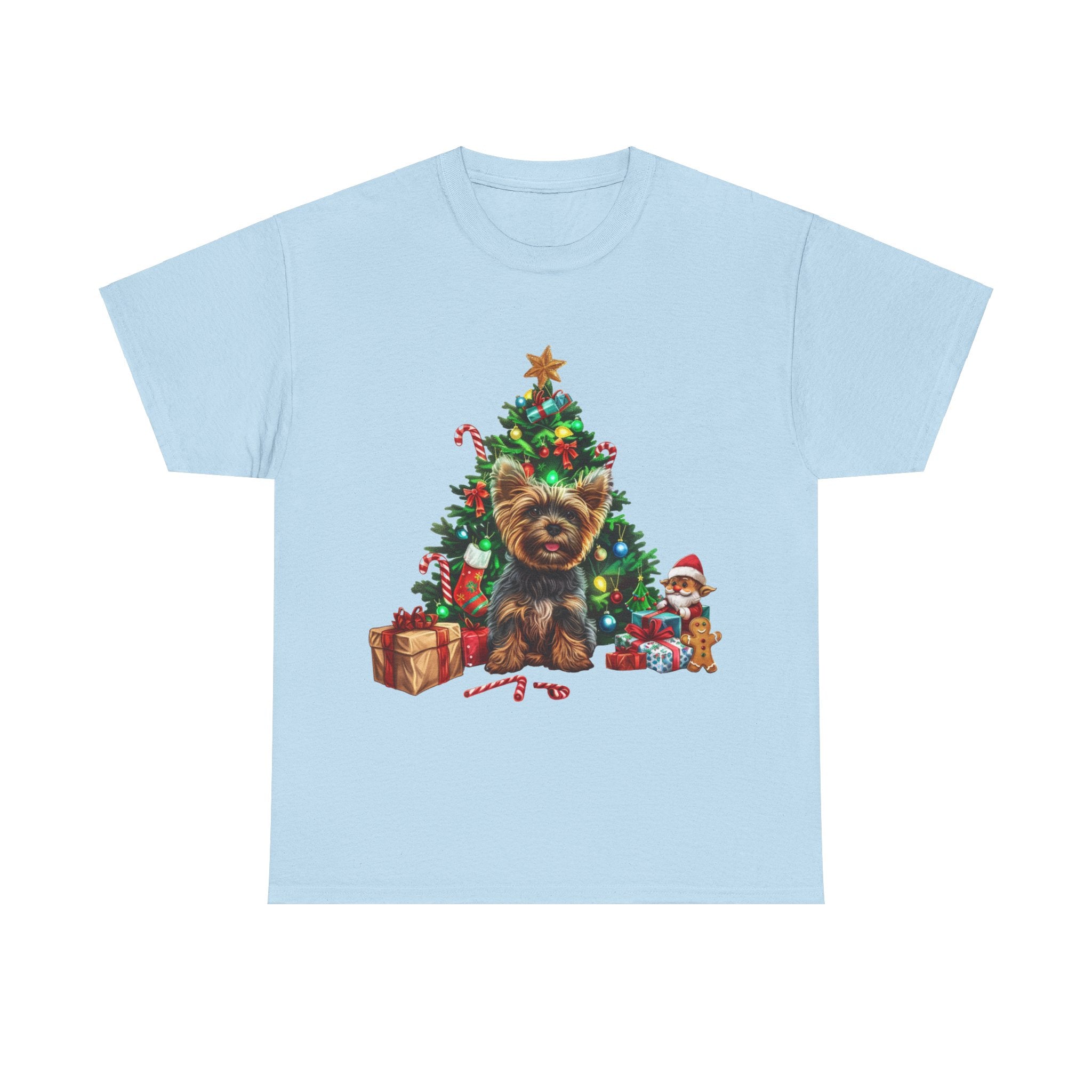 Printify T-Shirt Light Blue / S Yorkshire Terrier with Christmas Tree and Gifts – Festive Holiday Dog Art