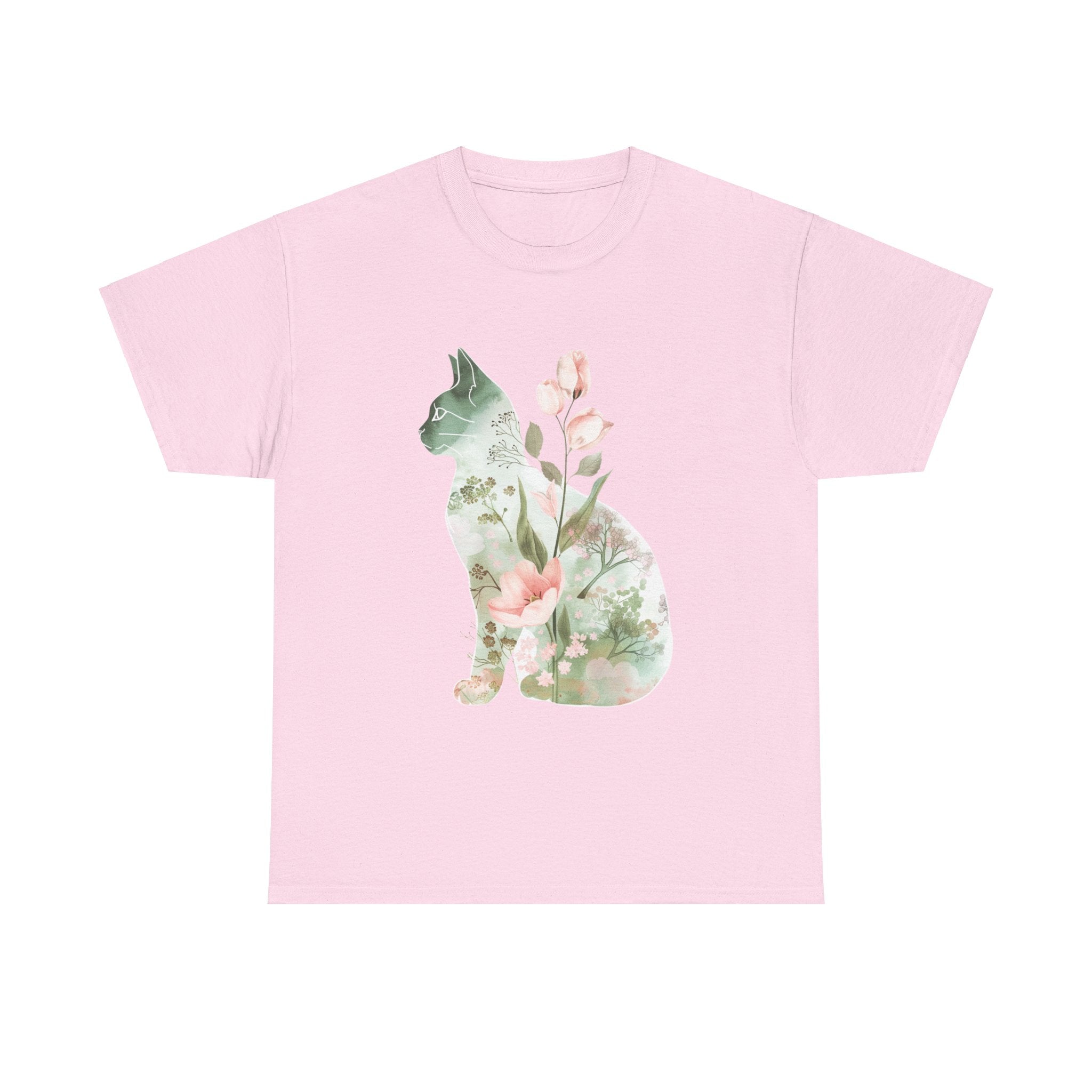 Printify T-Shirt Light Pink / M Floral Cat Unisex Heavy Cotton Tee