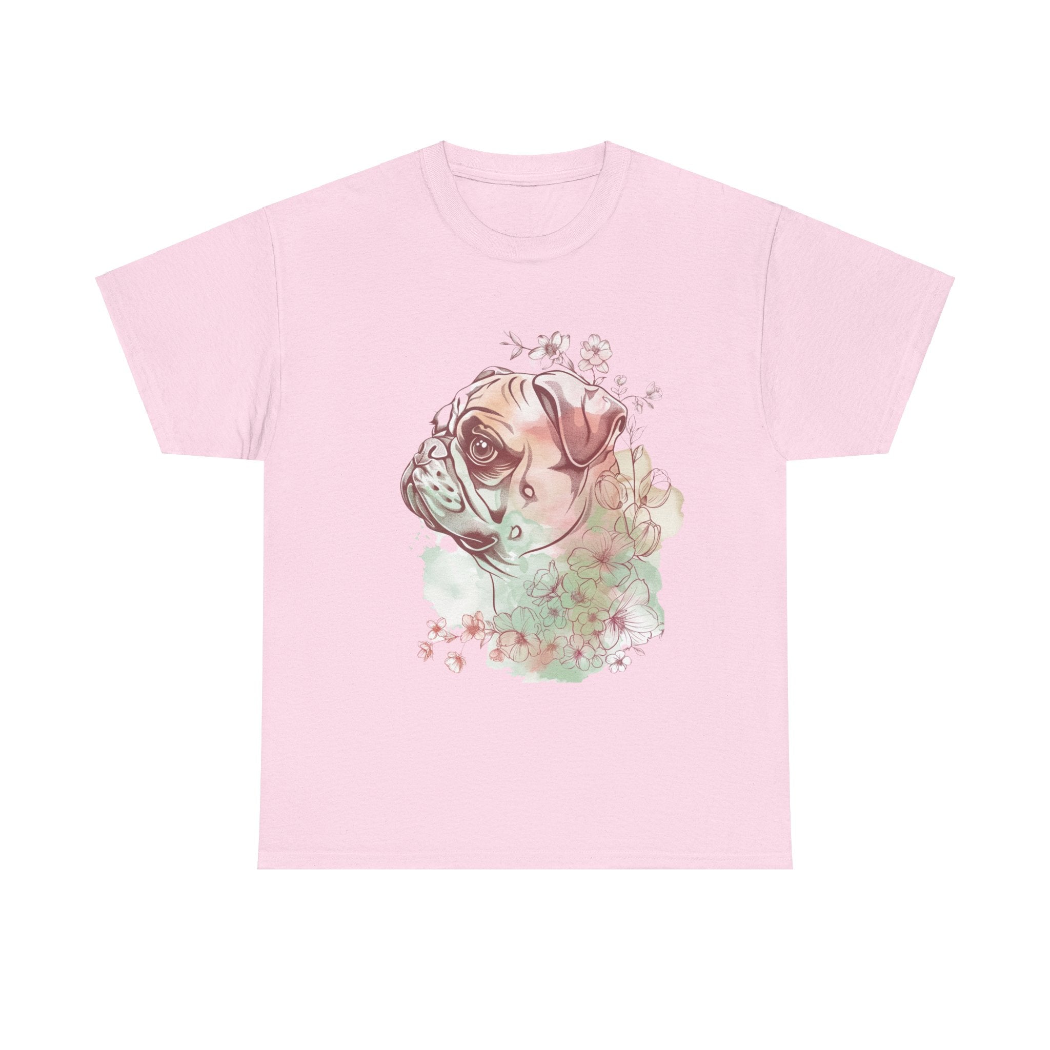 Printify T-Shirt Light Pink / M Floral Pug Silhouette Unisex Heavy Cotton Tee