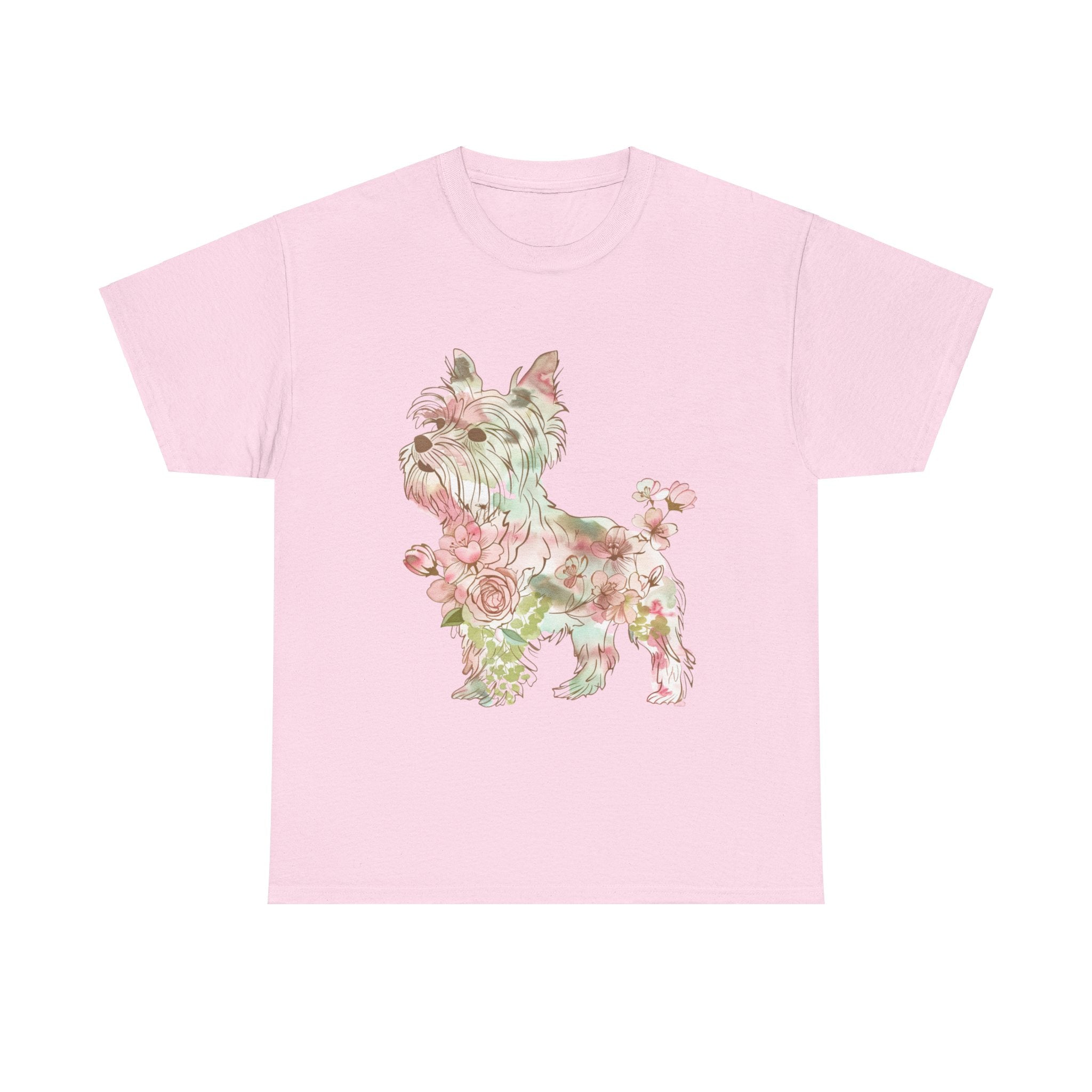 Printify T-Shirt Light Pink / M Floral Yorkshire Terrier Unisex Cotton Tee