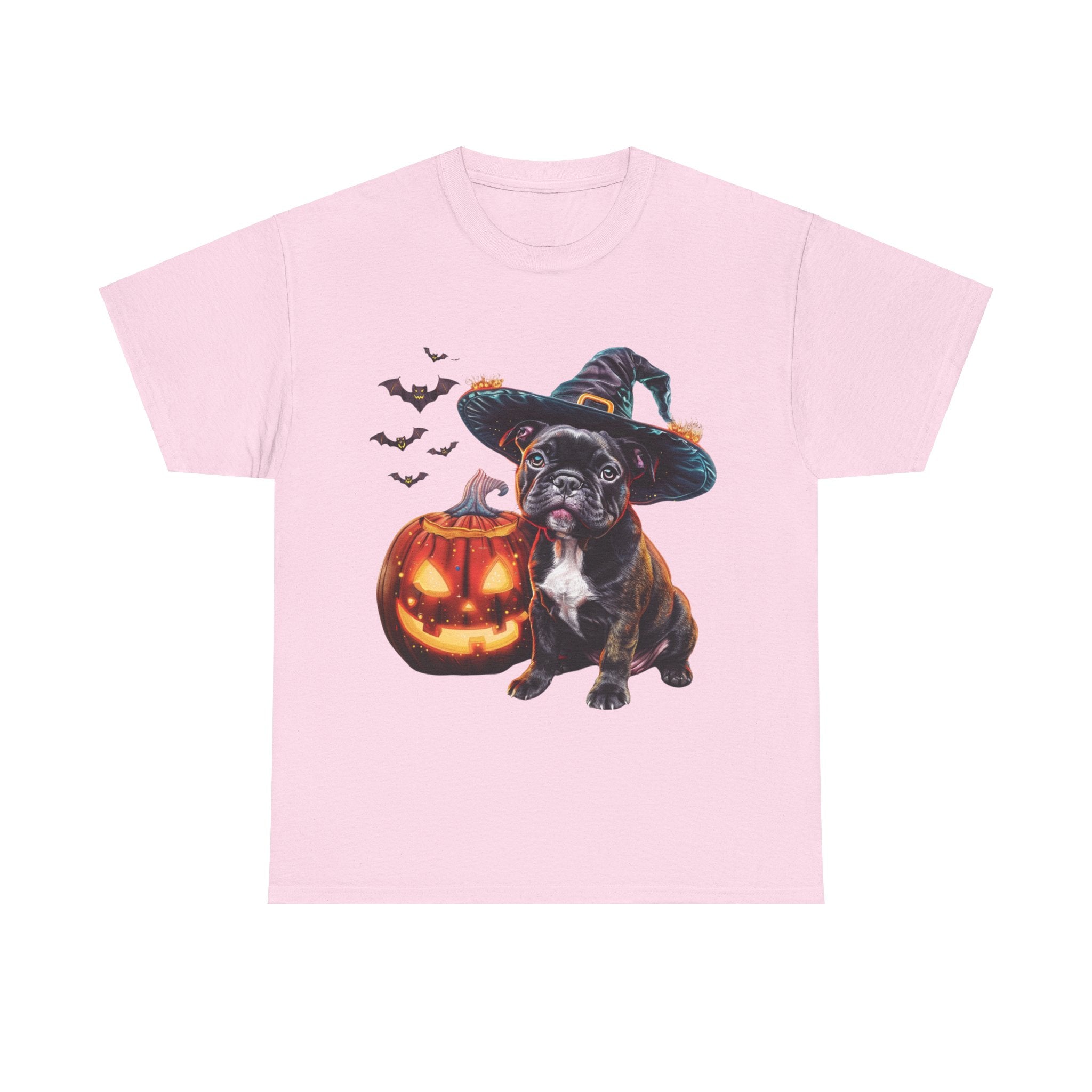 Printify T-Shirt Light Pink / M French Bulldog Halloween Witch Hat and Pumpkin Unisex Cotton Tee