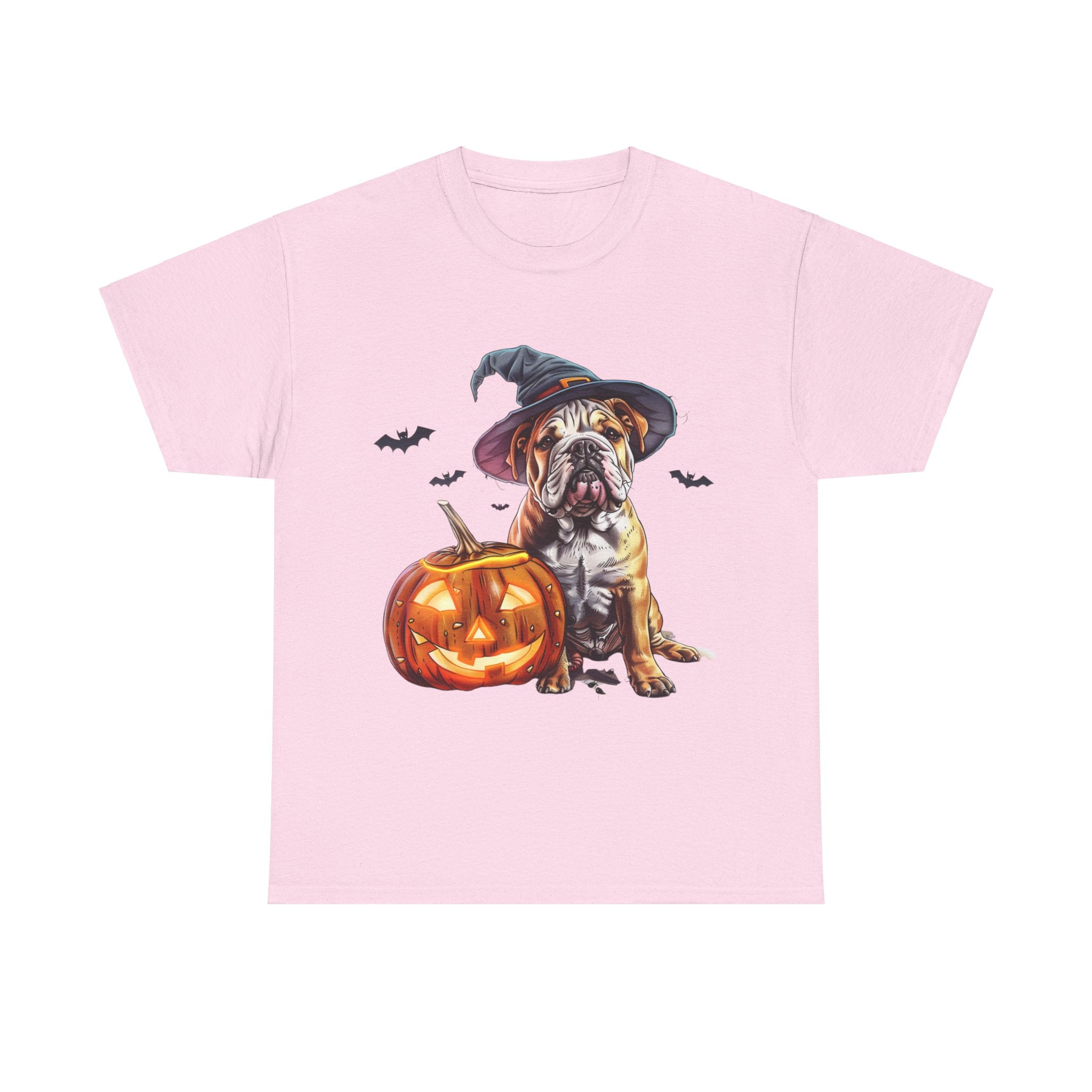 Printify T-Shirt Light Pink / M Halloween Bulldog Witch Hat & Pumpkin Glow Unisex Cotton Tee