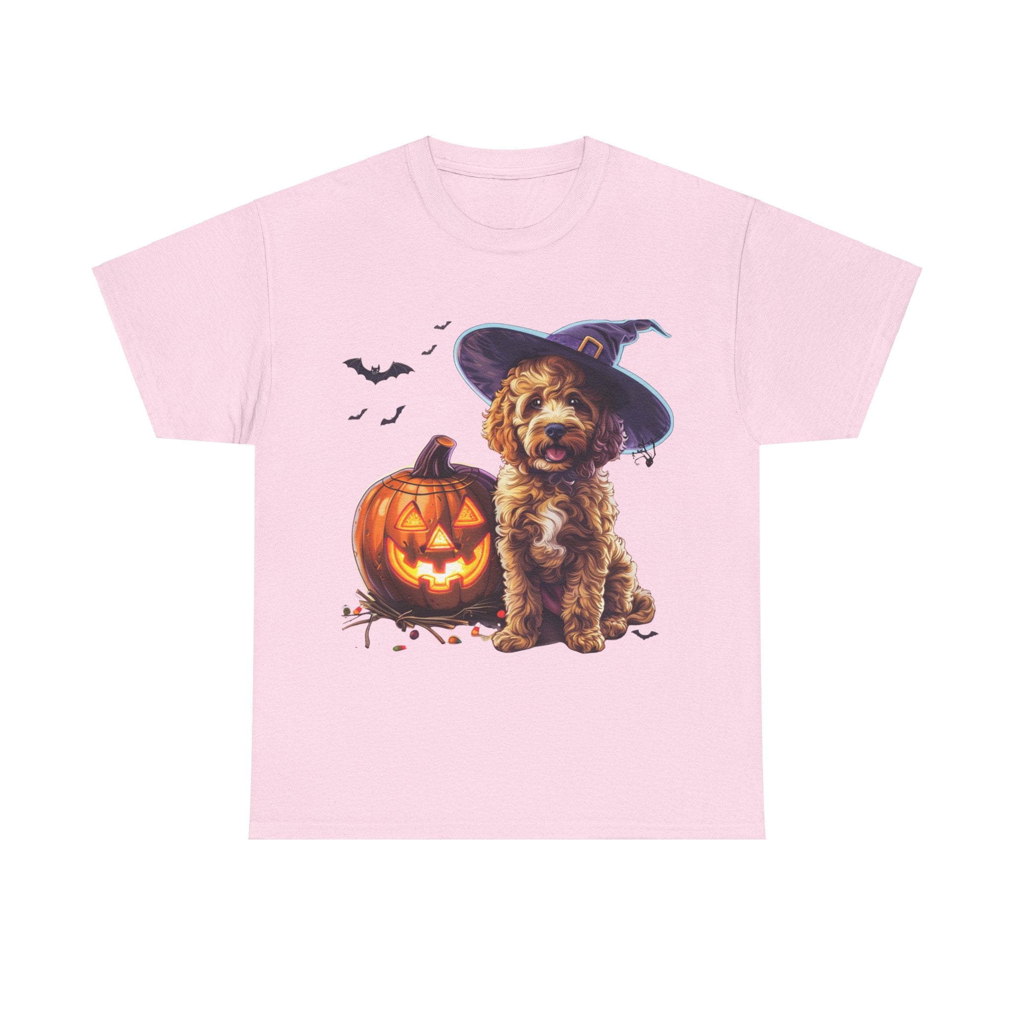 Printify T-Shirt Light Pink / M Halloween Cockapoo Witch Hat & Glowing Pumpkin Unisex Cotton Tee