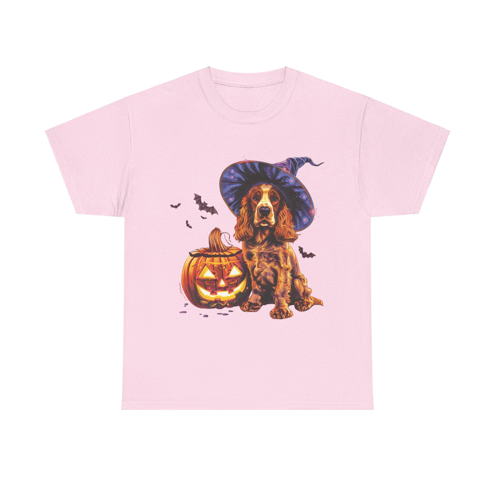 Printify T-Shirt Light Pink / M Halloween Cocker Spaniel Witch Hat and Pumpkin Unisex Cotton Tee