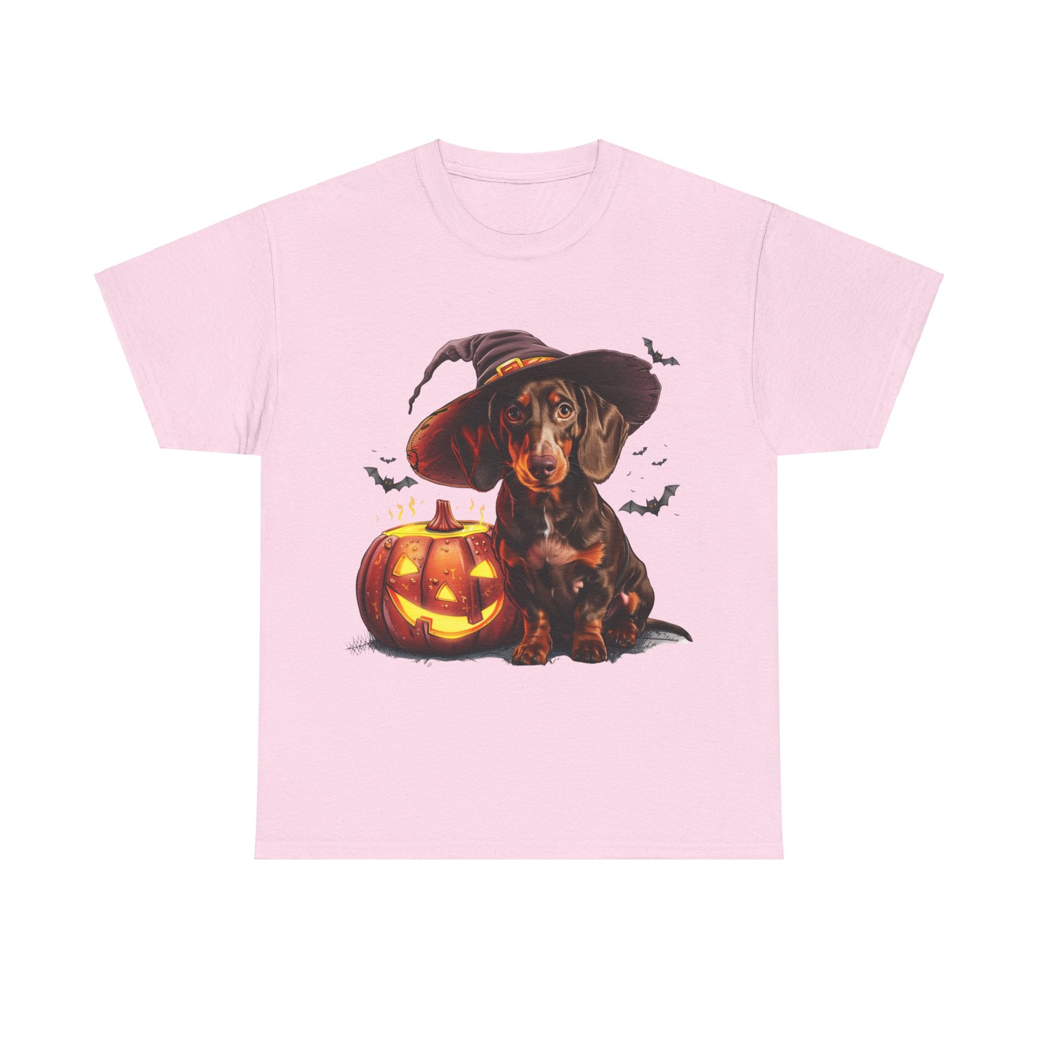 Printify T-Shirt Light Pink / M Halloween Dachshund in Witch Hat Tee – Unisex Cotton Shirt