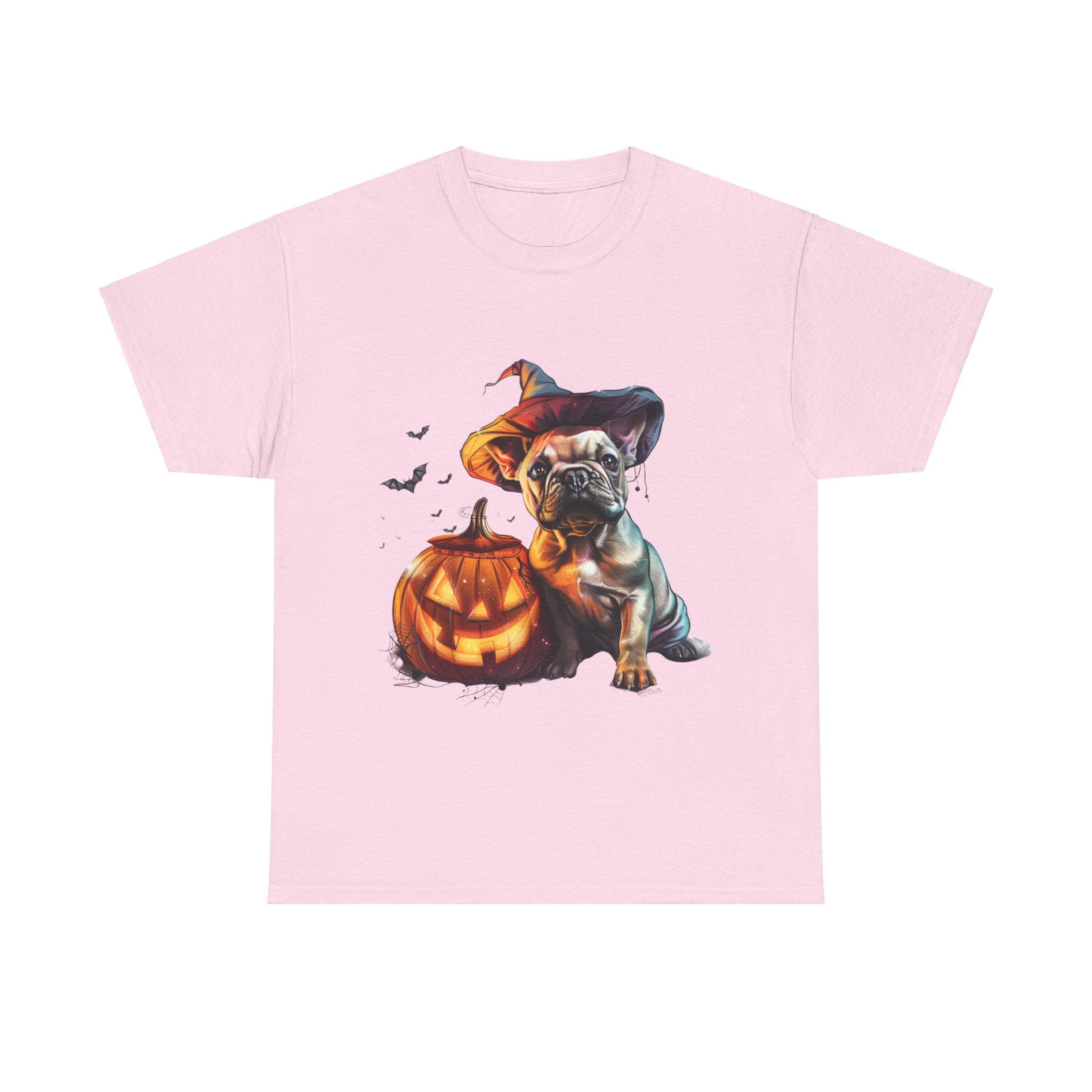 Printify T-Shirt Light Pink / M Halloween French Bulldog with Pumpkin and Witch Hat Unisex Cotton Tee