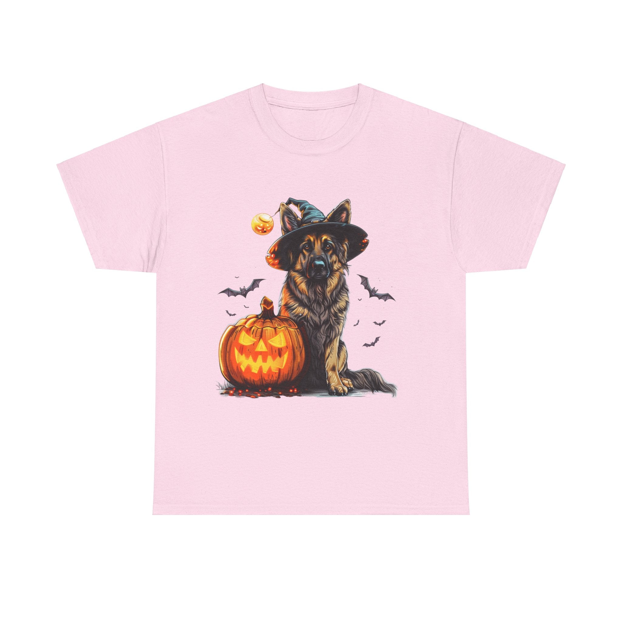 Printify T-Shirt Light Pink / M Halloween German Shepherd with Witch Hat and Pumpkin Unisex Cotton Tee