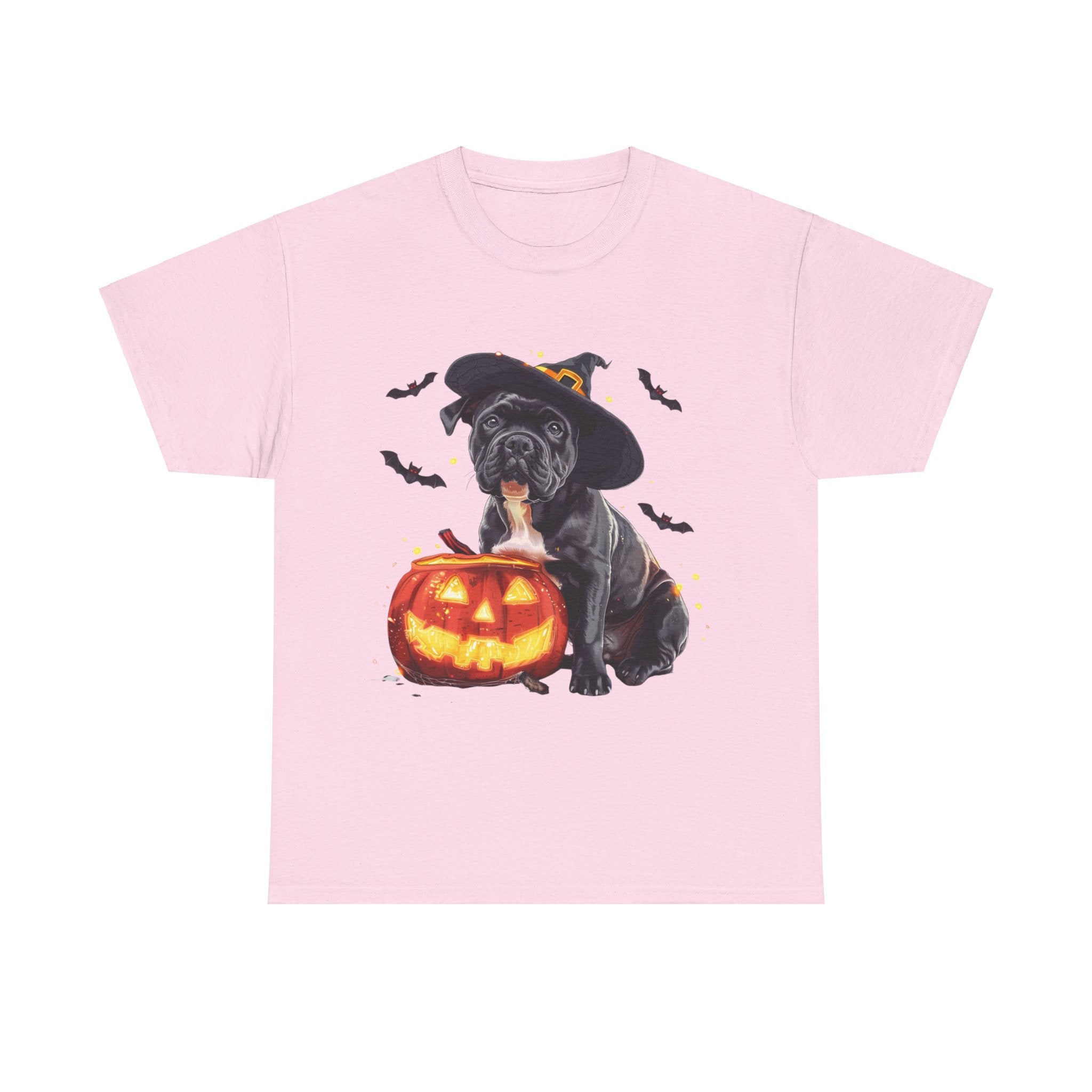 Printify T-Shirt Light Pink / M Halloween Staffordshire Bull Terrier in Witch Hat Tee – Unisex Cotton Shirt