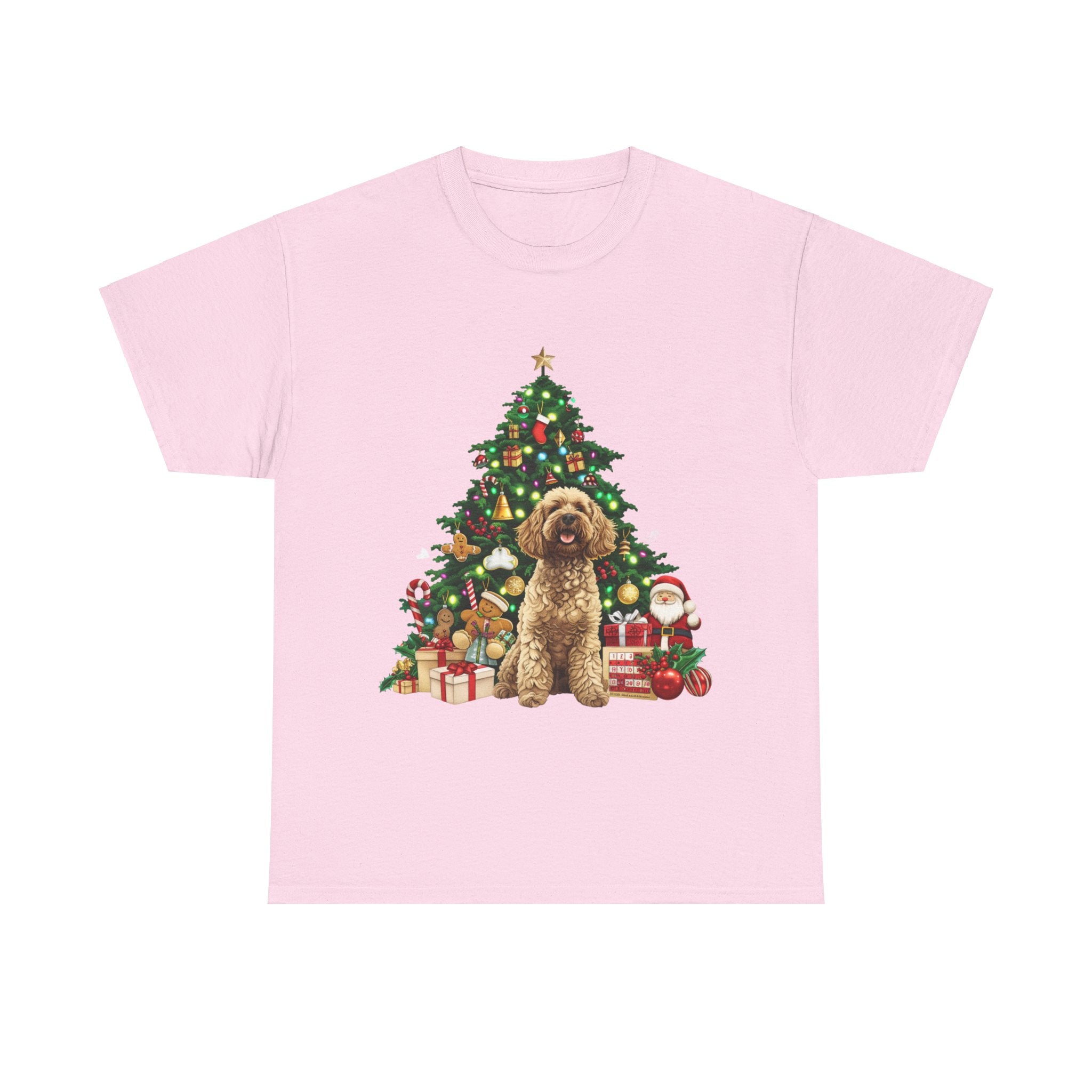 Printify T-Shirt Light Pink / S Adorable Cockapoo with Christmas Tree and Gifts – Festive Holiday Dog Art