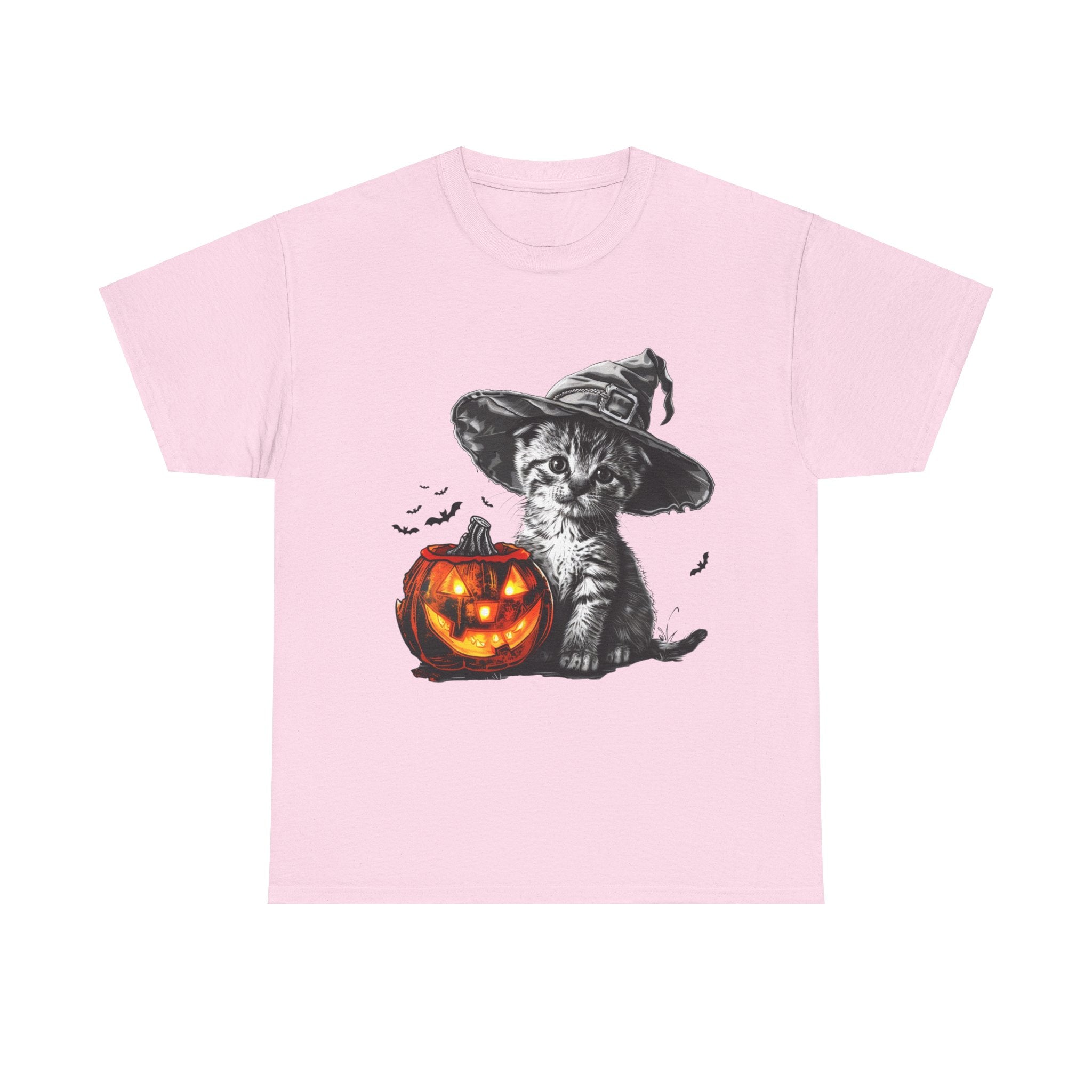 Printify T-Shirt Light Pink / S Adorable Kitten Witch Halloween Shirt – Spooky Pumpkin Design