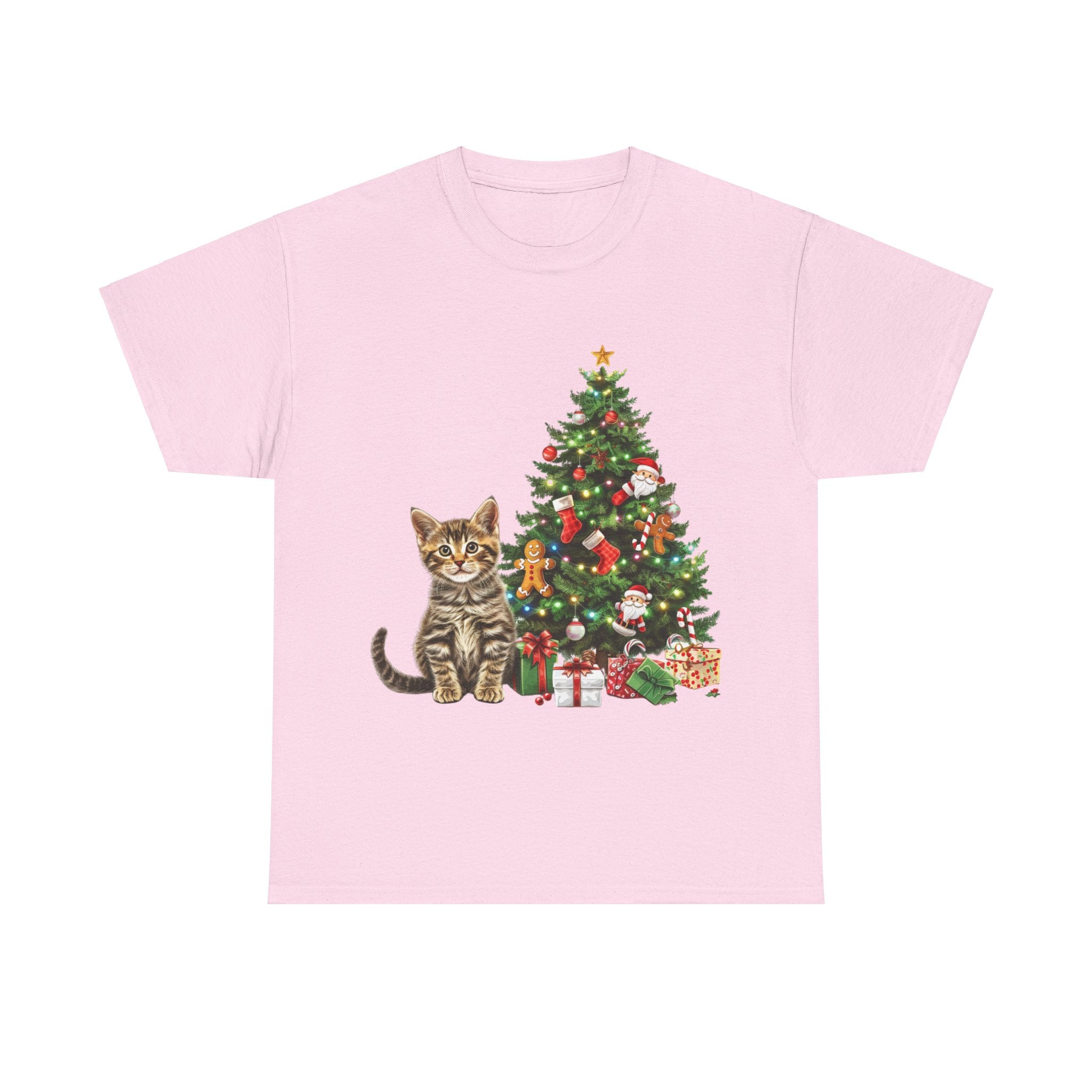 Printify T-Shirt Light Pink / S Adorable Tabby Kitten with Christmas Tree and Gifts – Festive Holiday Cat Art