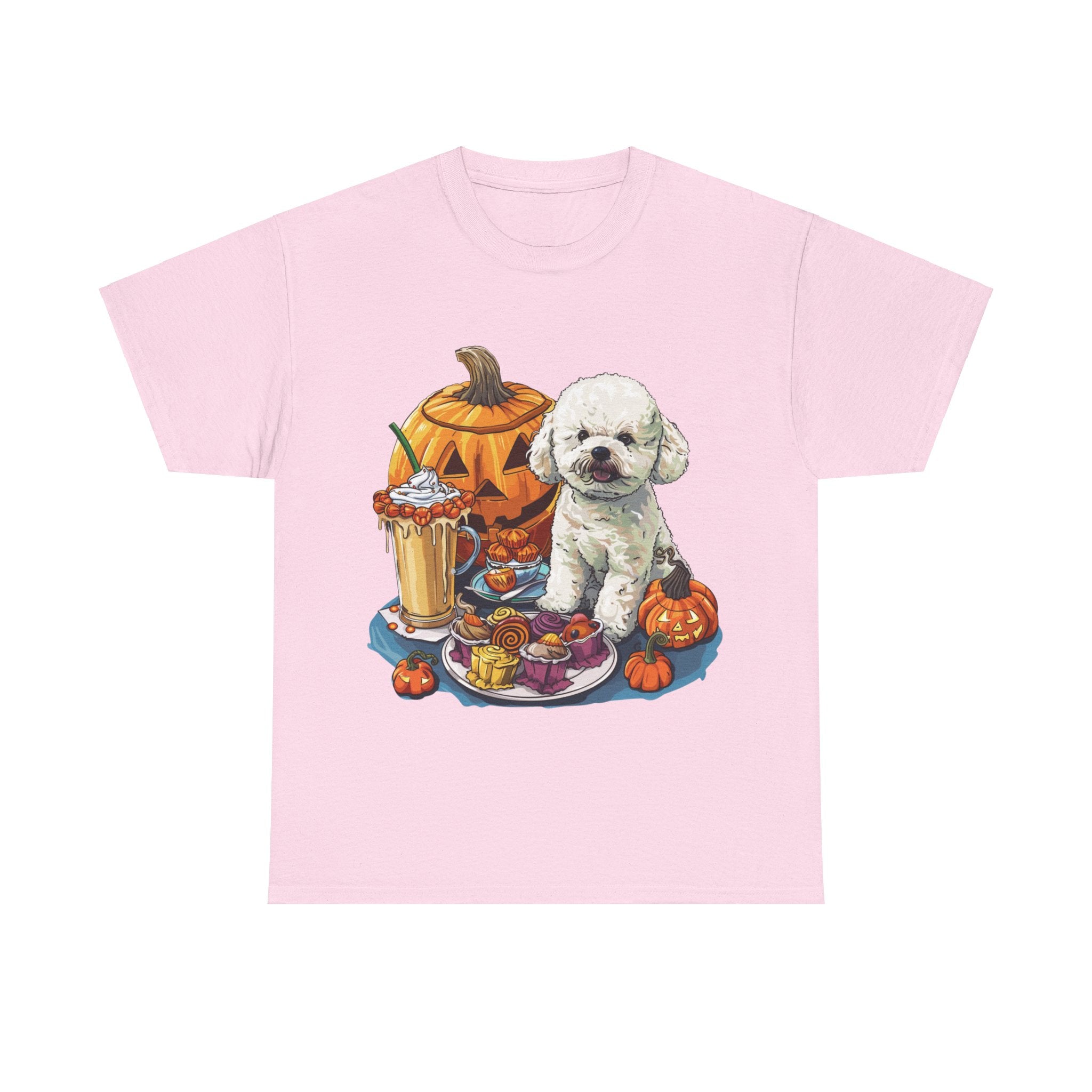 Printify T-Shirt Light Pink / S Bichon Frise Halloween Design with Jack-o'-Lanterns and Festive Treats – Perfect for Dog Lovers