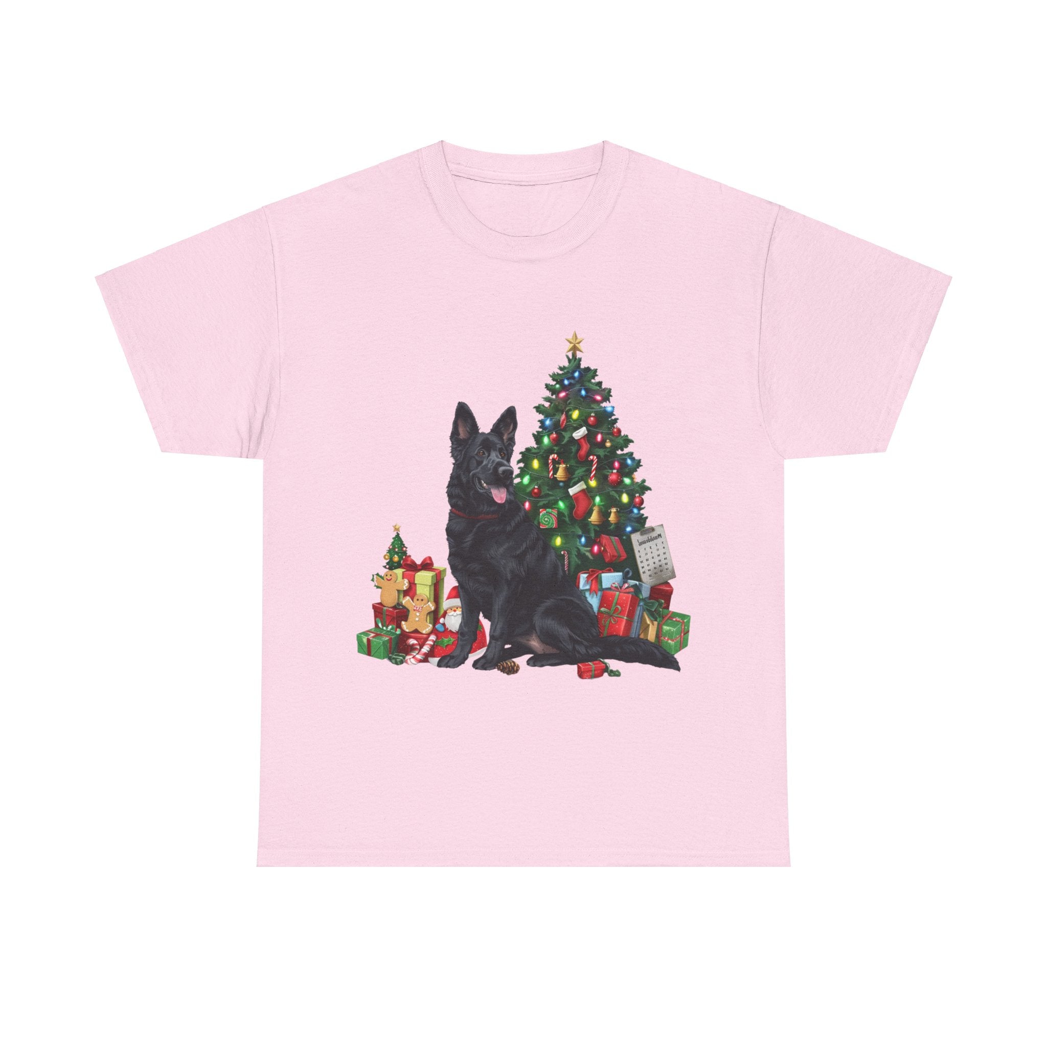 Printify T-Shirt Light Pink / S Black German Shepherd with Christmas Tree and Gifts – Festive Holiday Dog Art