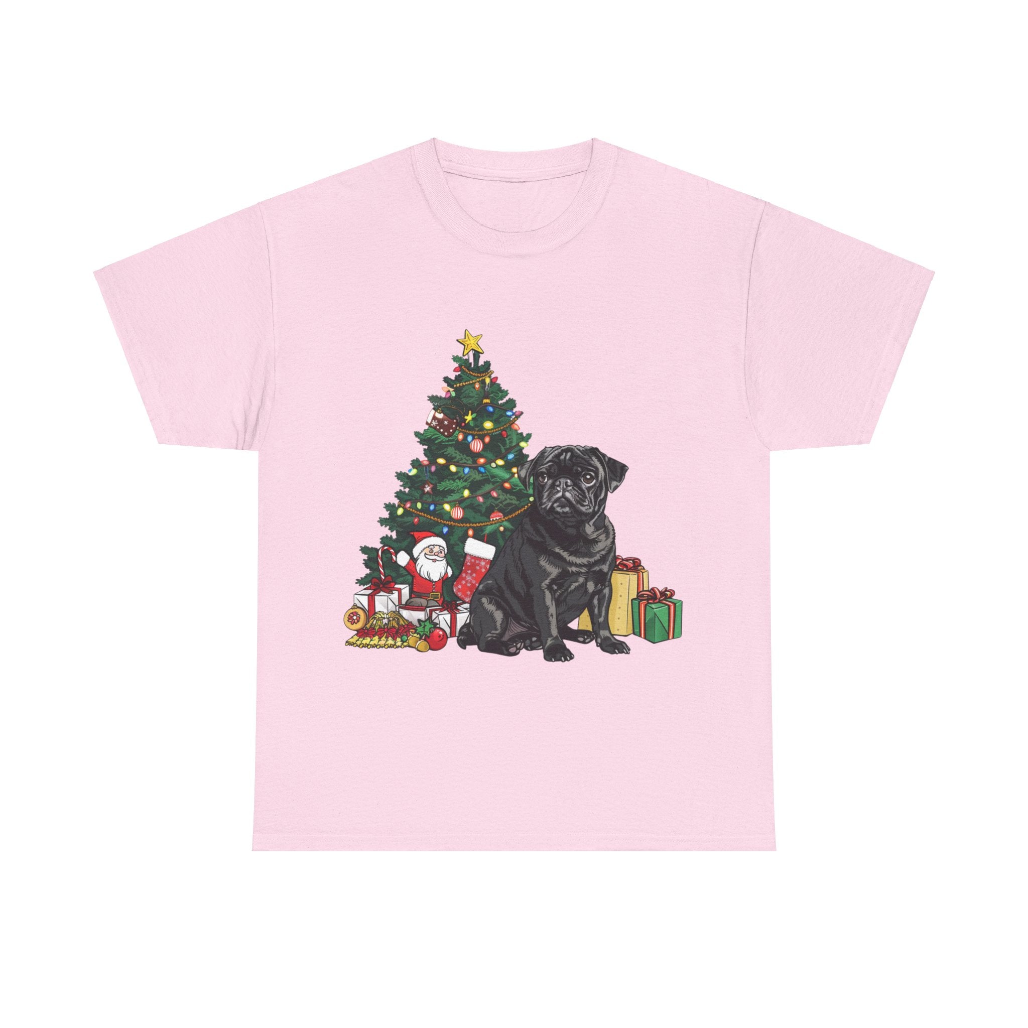 Printify T-Shirt Light Pink / S Black Pug with Christmas Tree and Gifts – Festive Holiday Dog Art