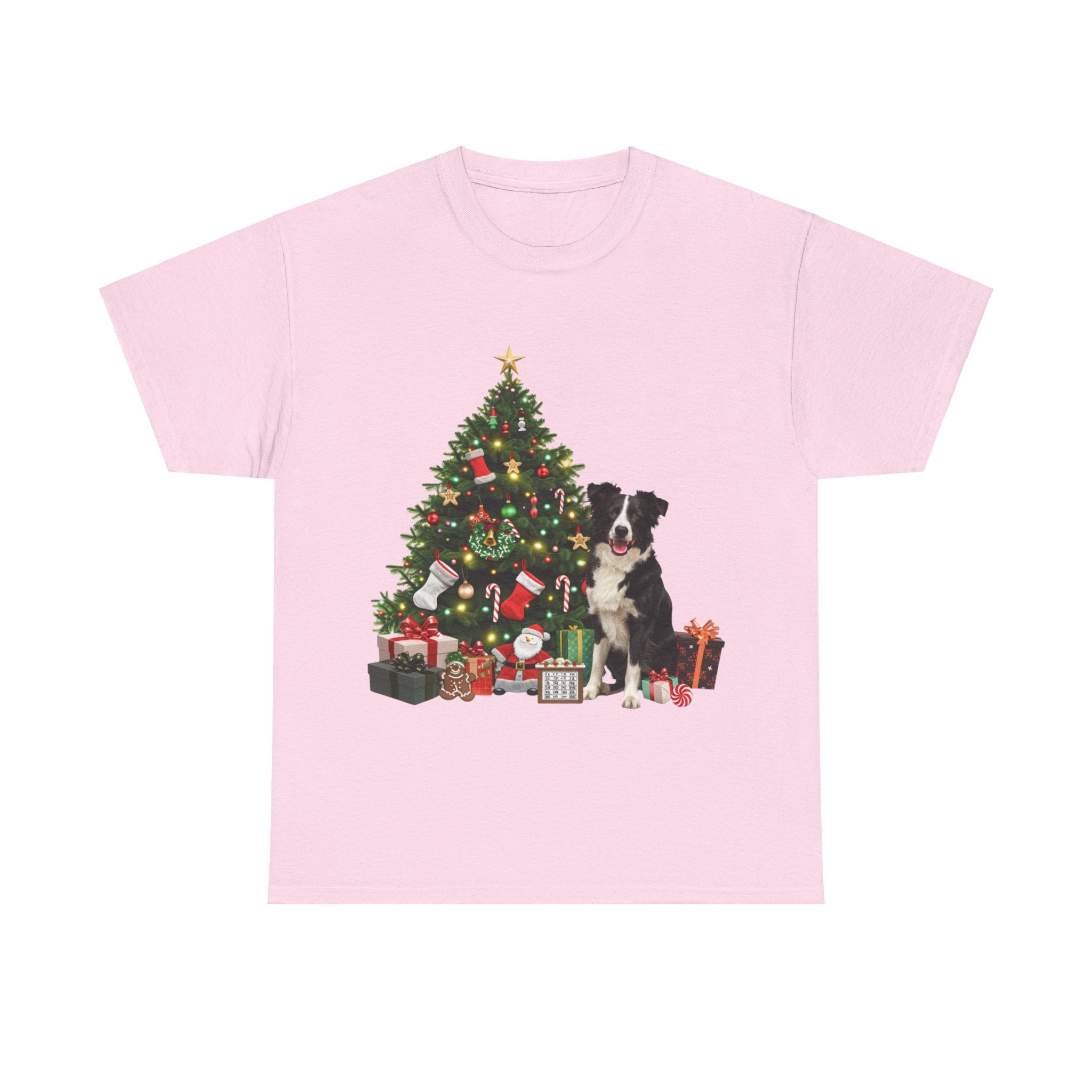 Printify T-Shirt Light Pink / S Border Collie with Christmas Tree and Gifts – Festive Holiday Dog Art