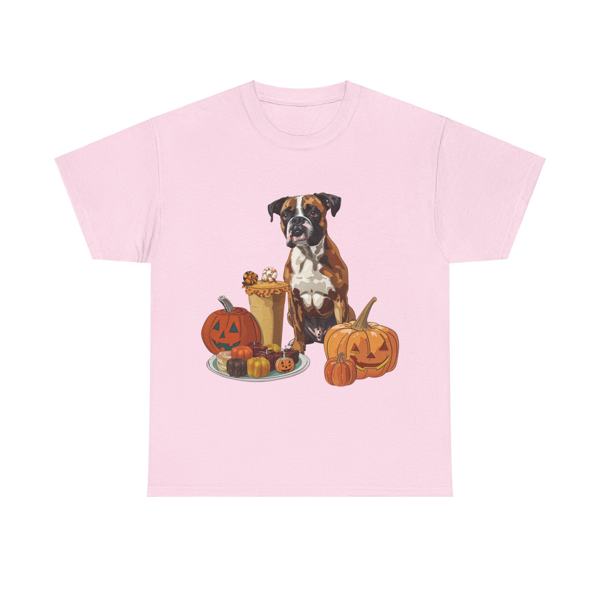 Printify T-Shirt Light Pink / S Boxer Halloween Design with Jack-o'-Lanterns and Festive Sweets – Ideal for Dog Lovers