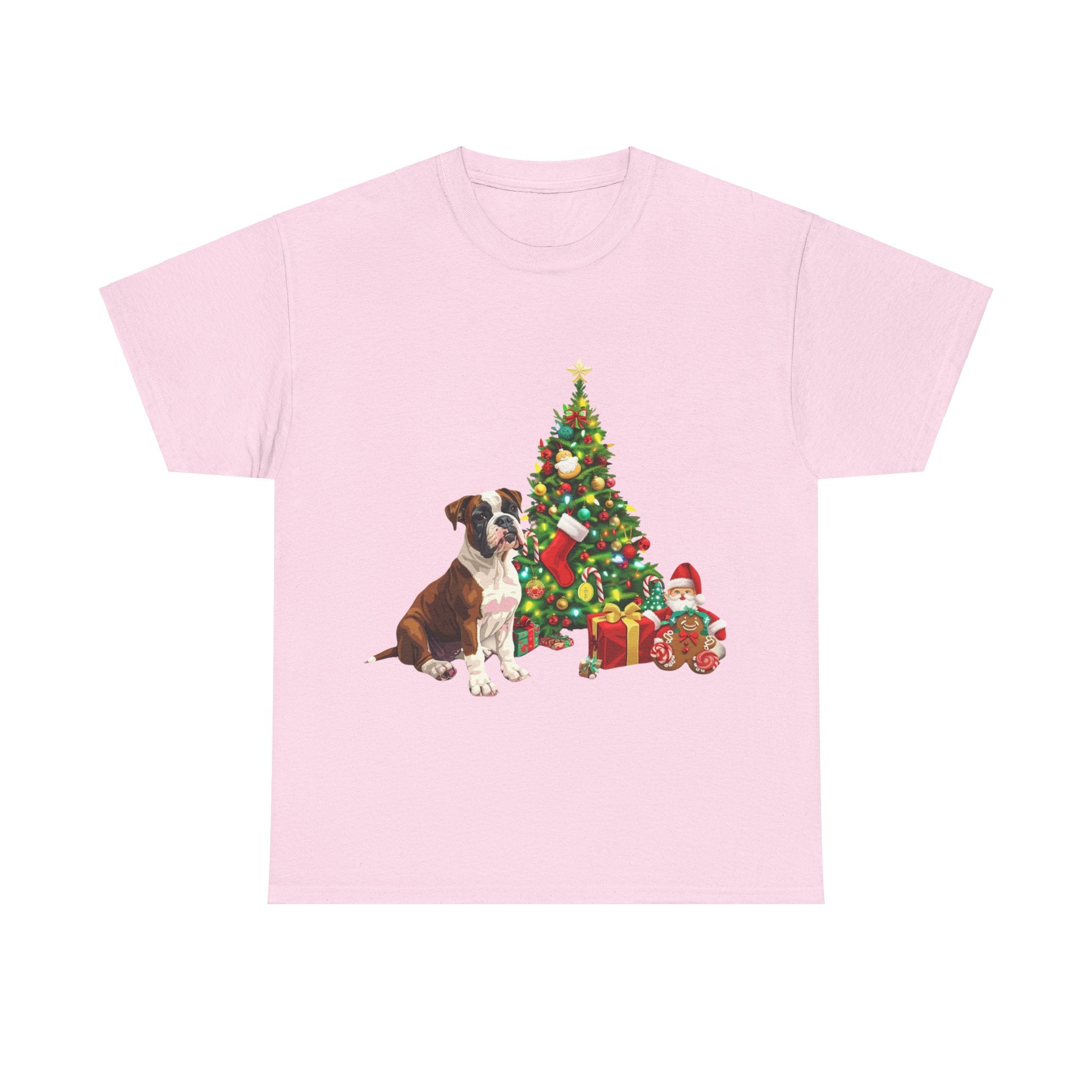 Printify T-Shirt Light Pink / S Boxer with Christmas Tree and Gifts – Festive Holiday Dog Art