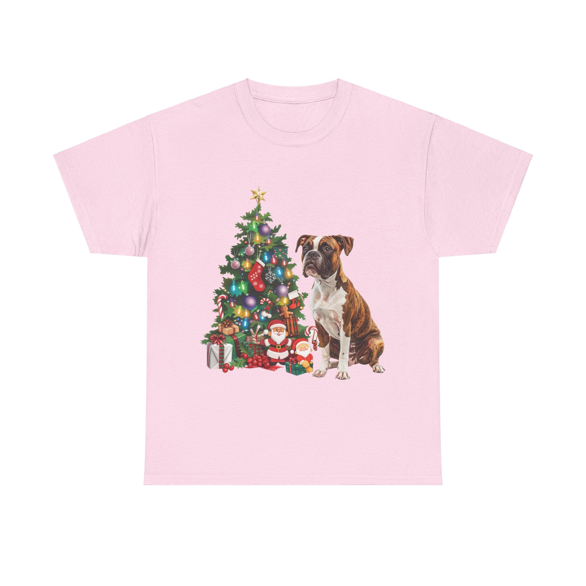 Printify T-Shirt Light Pink / S Boxer with Christmas Tree and Santa – Festive Holiday Dog Art