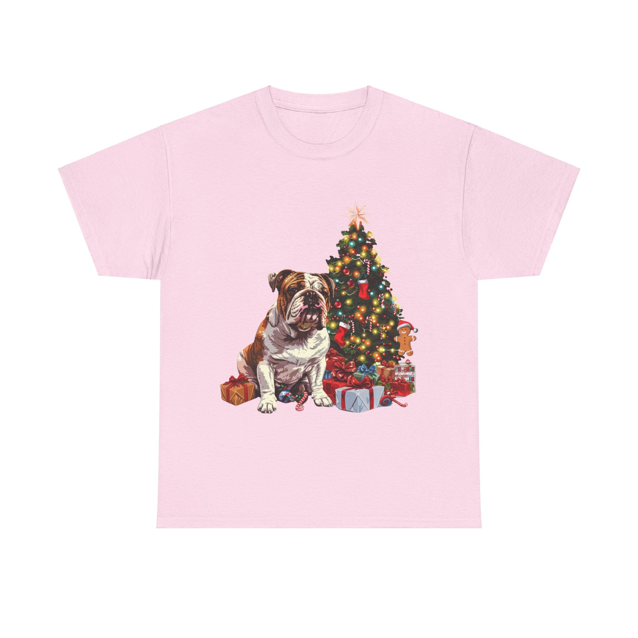 Printify T-Shirt Light Pink / S Bulldog with Christmas Tree and Gifts – Festive Holiday Dog Art