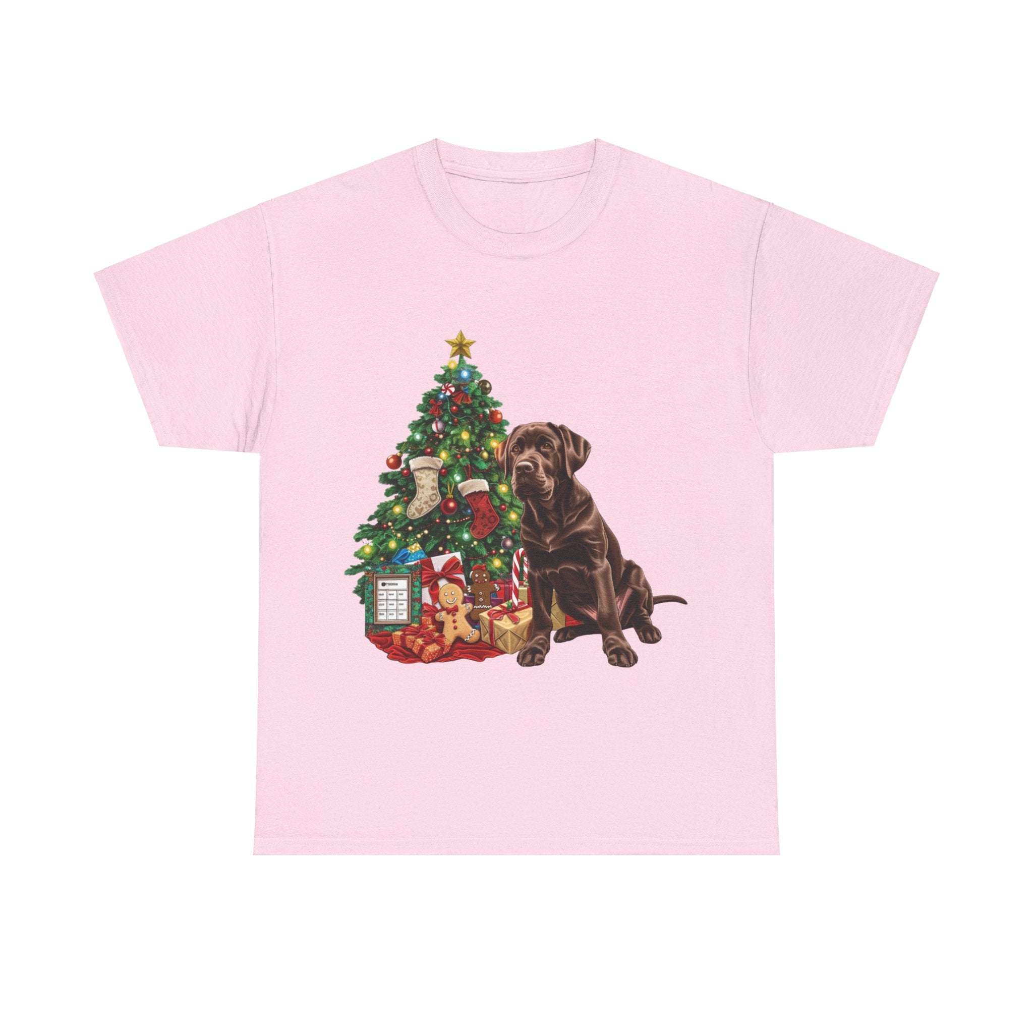 Printify T-Shirt Light Pink / S Chocolate Labrador with Christmas Tree and Presents – Festive Holiday Dog Art