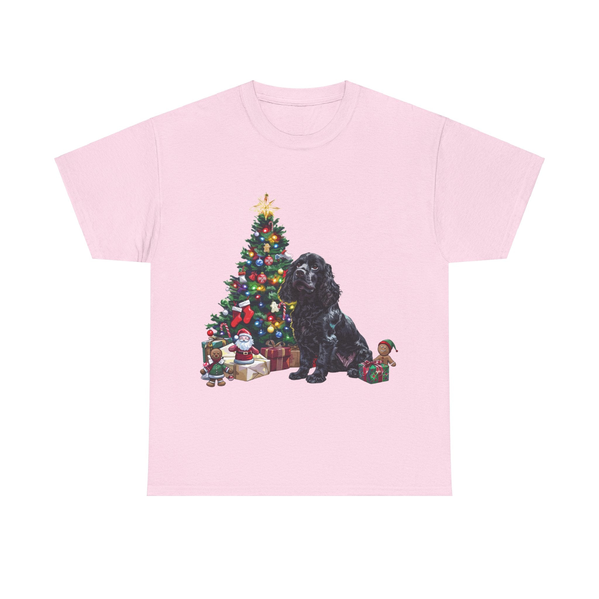 Printify T-Shirt Light Pink / S Cocker Spaniel with Christmas Tree and Gifts – Festive Holiday Dog Art