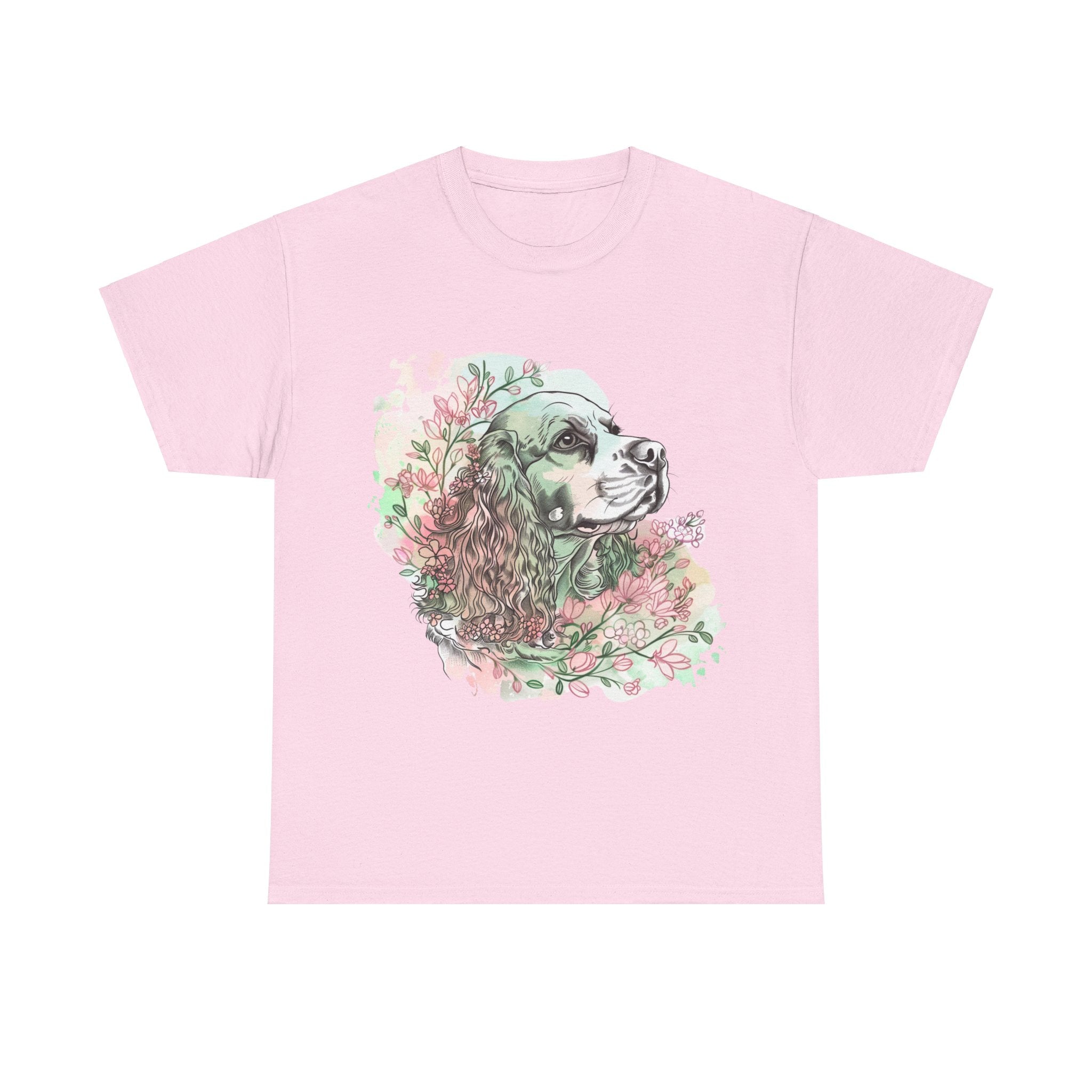 Printify T-Shirt Light Pink / S Cocker Spaniel with Floral Accents – Artistic Dog Illustration