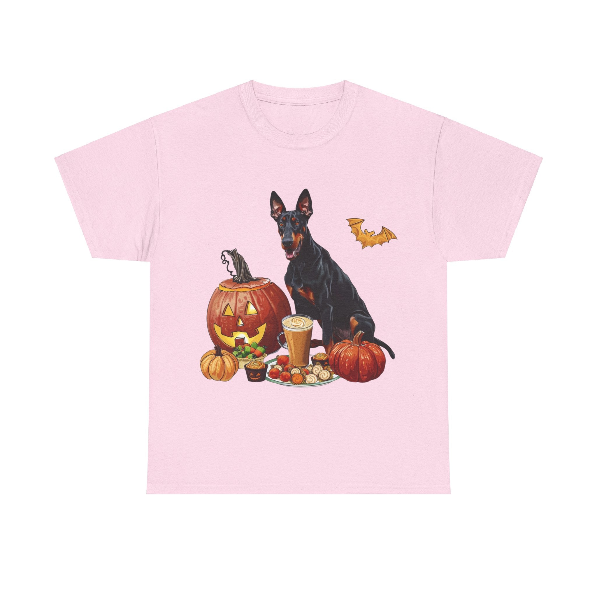 Printify T-Shirt Light Pink / S Doberman Halloween Design with Jack-o'-Lanterns and Festive Treats – Perfect for Dog Lovers