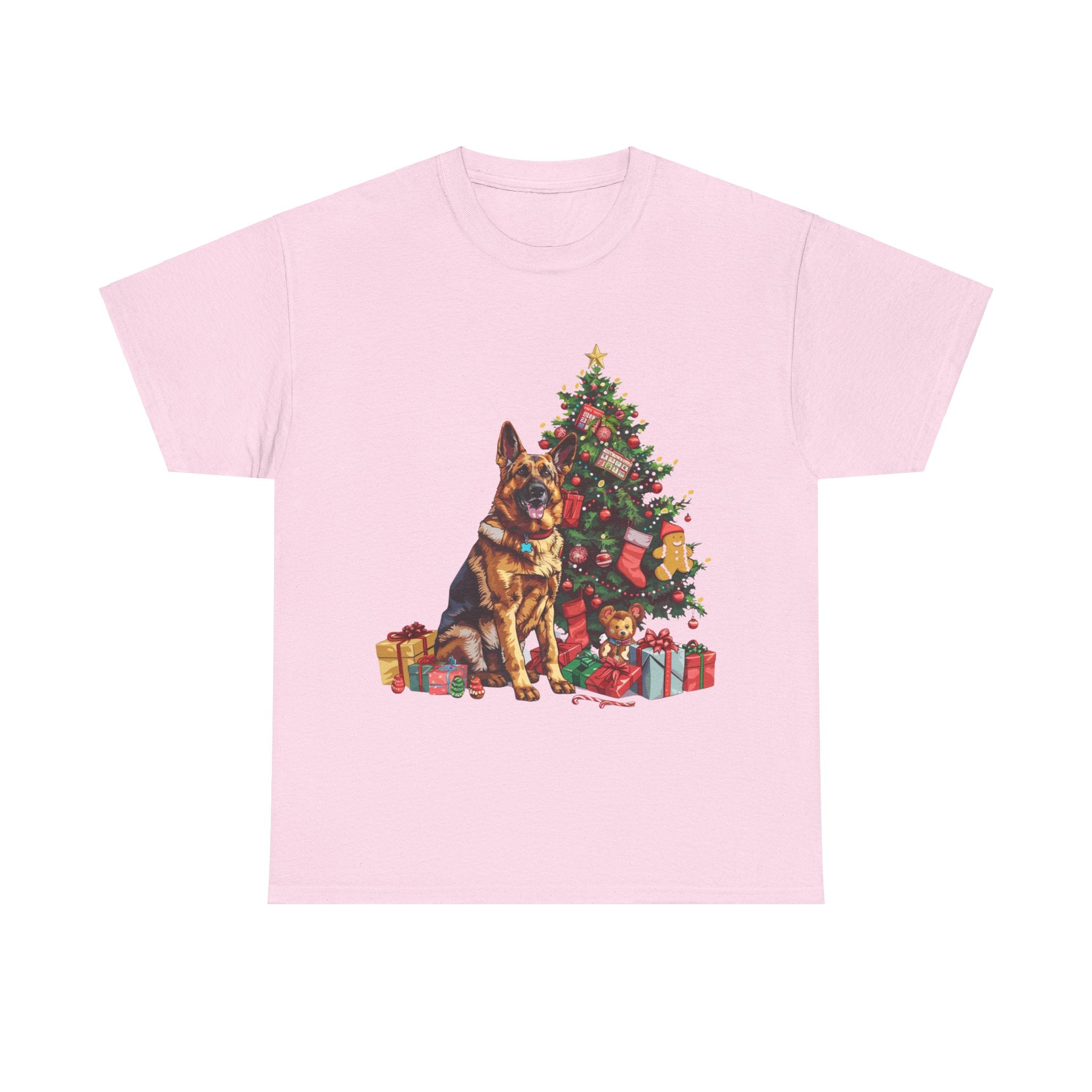 Printify T-Shirt Light Pink / S German Shepherd Christmas Tree Design with Gifts and Holiday Ornaments – Festive Dog Holiday Art