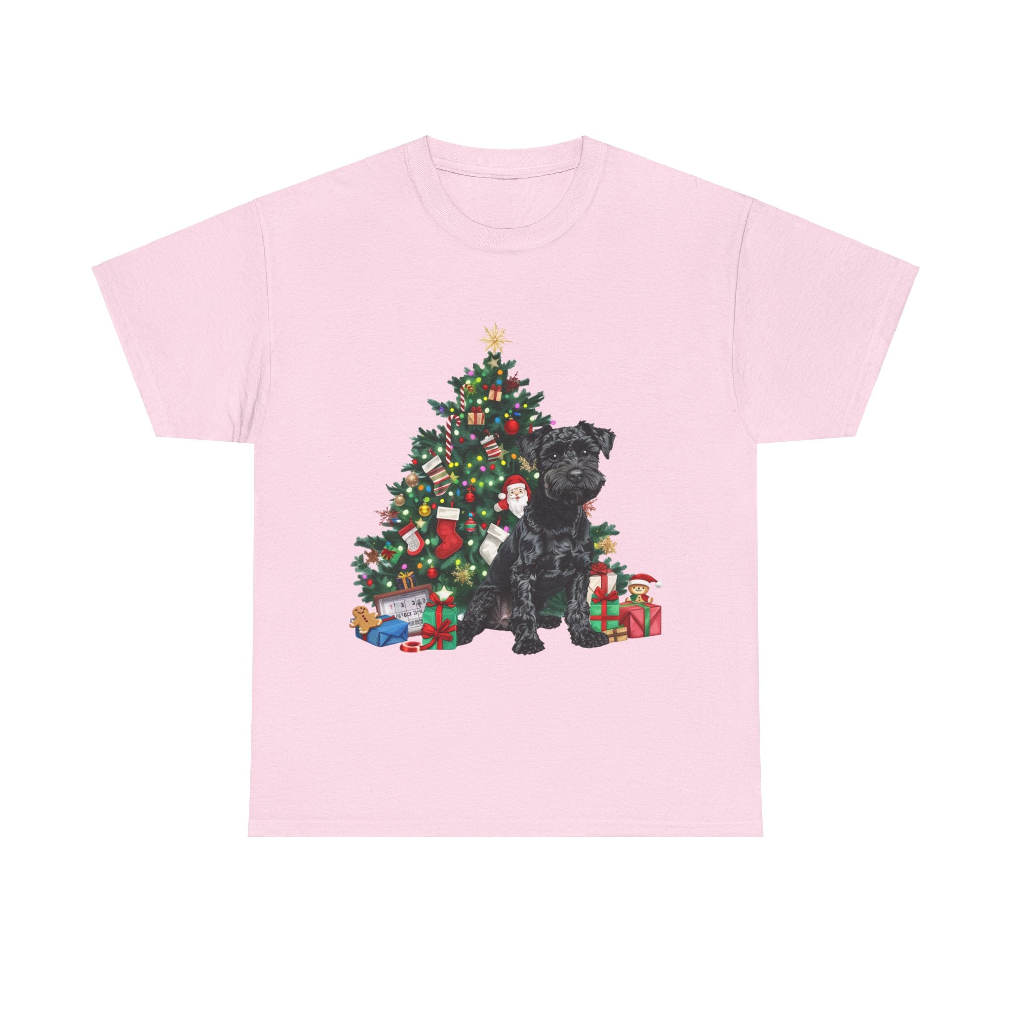 Printify T-Shirt Light Pink / S Miniature Schnauzer with Christmas Tree and Gifts – Festive Holiday Dog Art