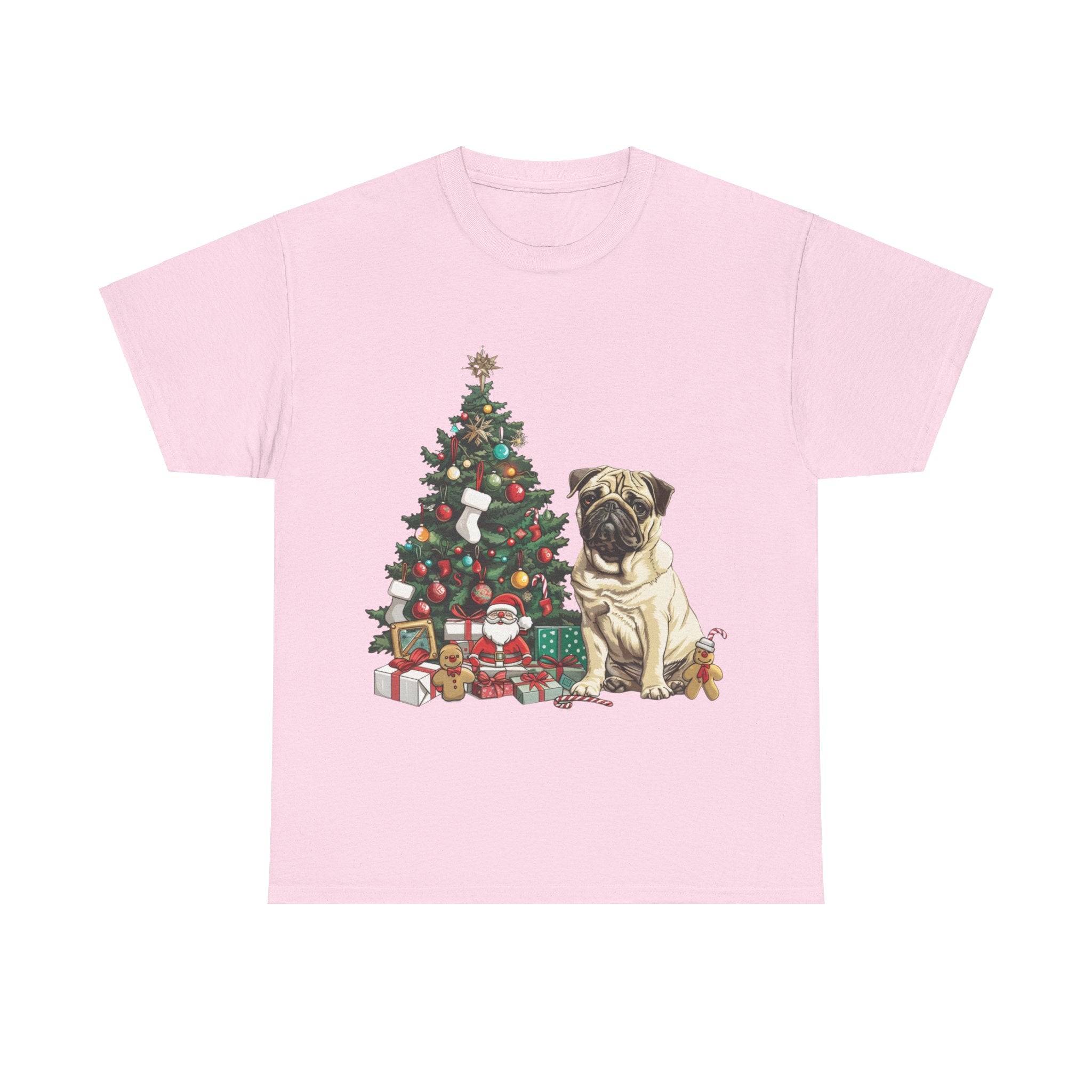 Printify T-Shirt Light Pink / S Pug with Christmas Tree and Gifts – Festive Holiday Dog Art