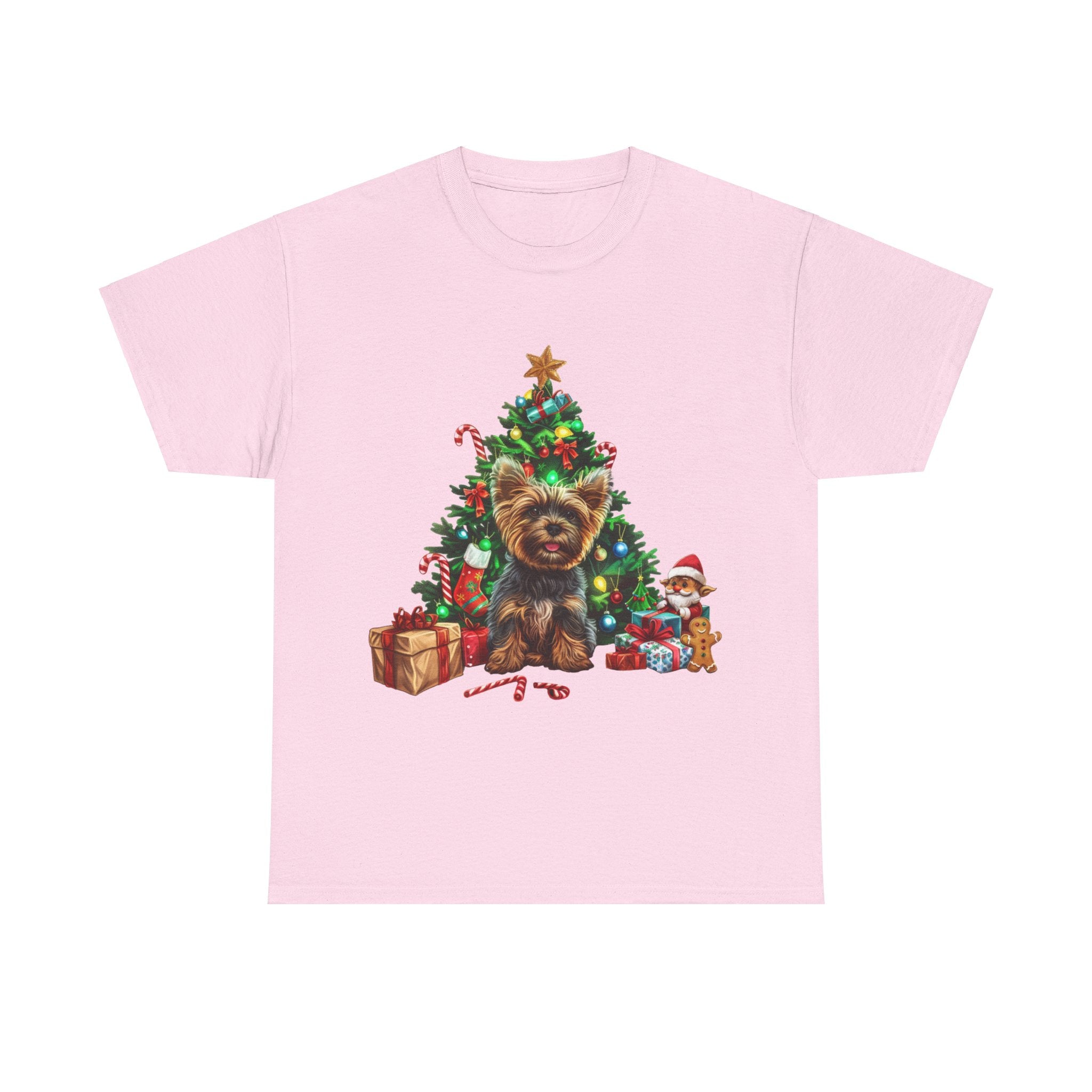 Printify T-Shirt Light Pink / S Yorkshire Terrier with Christmas Tree and Gifts – Festive Holiday Dog Art