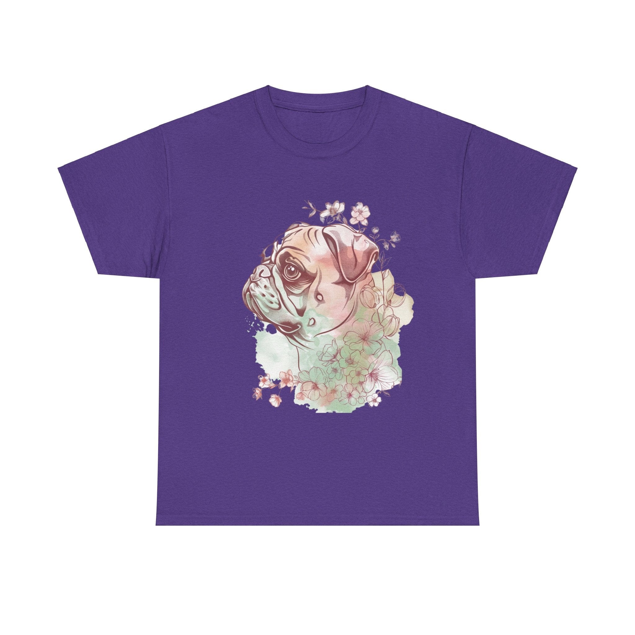 Printify T-Shirt Lilac / S Floral Pug Silhouette Unisex Heavy Cotton Tee