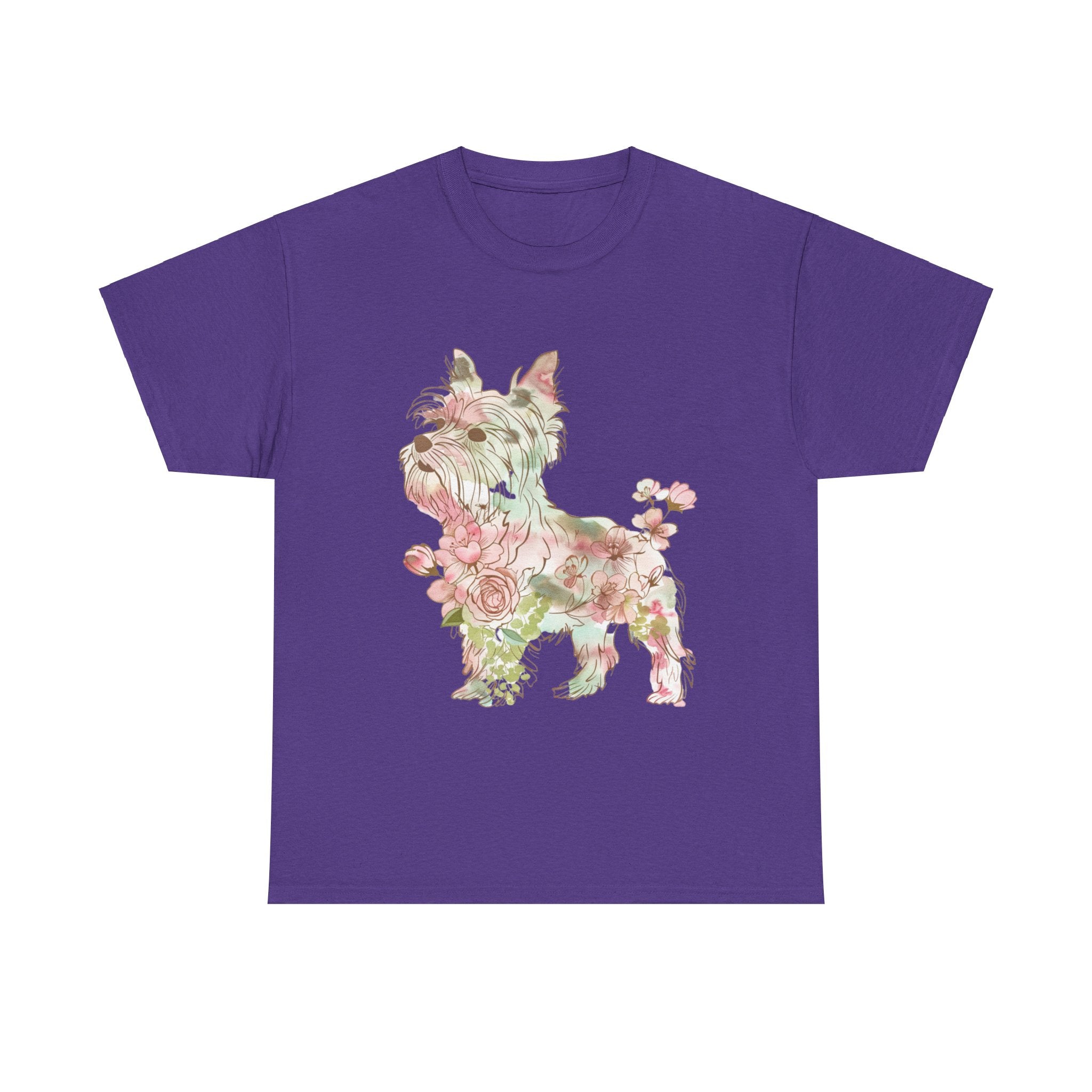 Printify T-Shirt Lilac / S Floral Yorkshire Terrier Unisex Cotton Tee