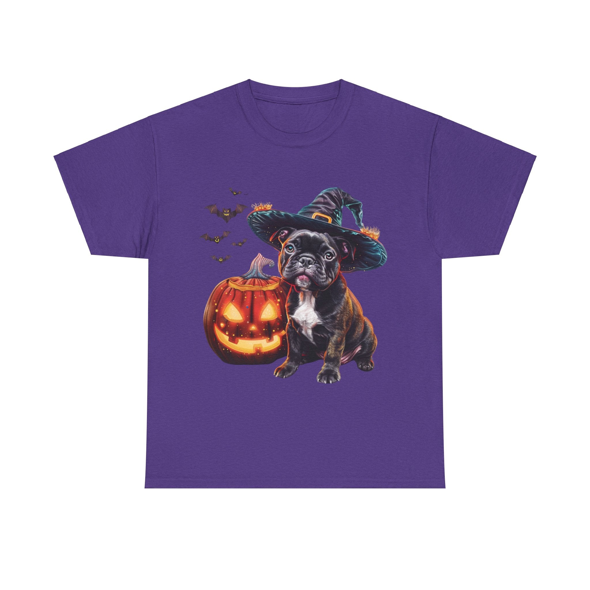 Printify T-Shirt Lilac / S French Bulldog Halloween Witch Hat and Pumpkin Unisex Cotton Tee